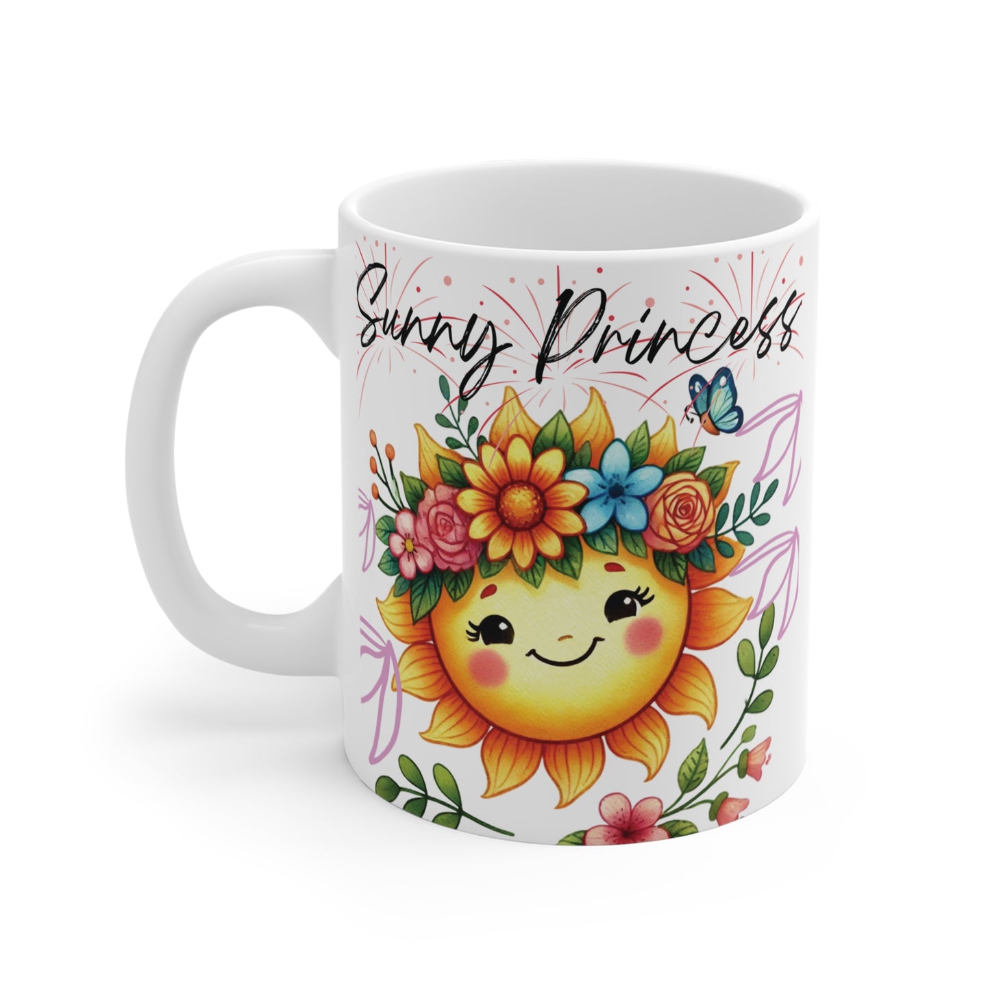 Cute sunshine character with flowers and butterfly on ceramic mug, “Sunny Princess” design aesthetic drinkware