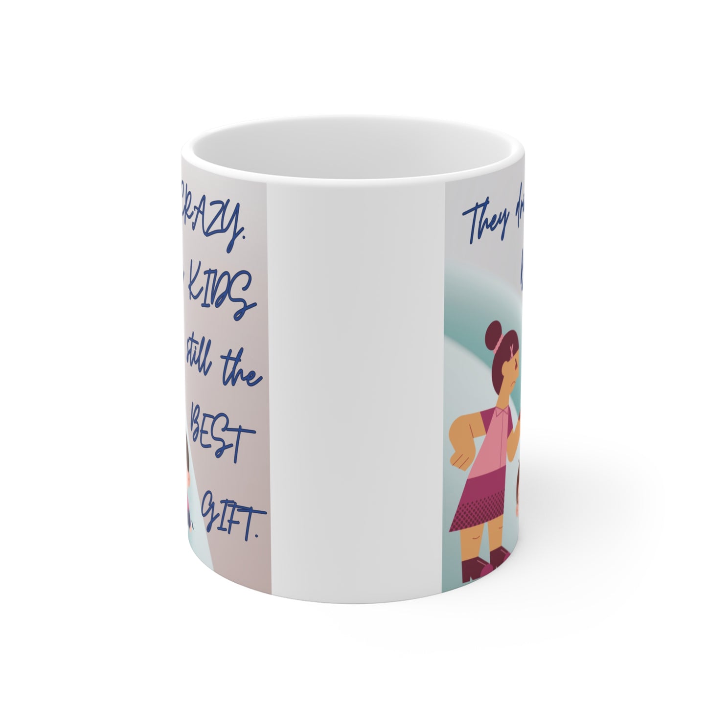 Gift mug for parents featuring playful cartoon family scene and message 'They drive me CRAZY. But my KIDS are still the BEST GIFT' on white ceramic cup."