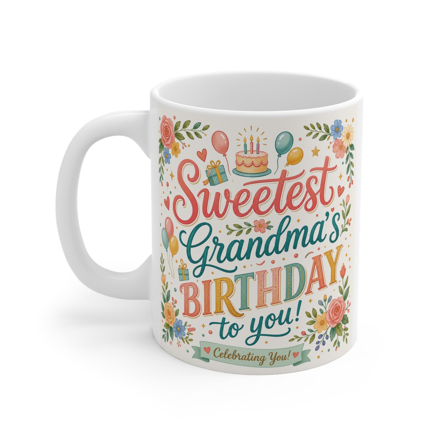 Floral birthday mug for Grandma with vibrant typography and heartfelt message, perfect gift from grandchildren