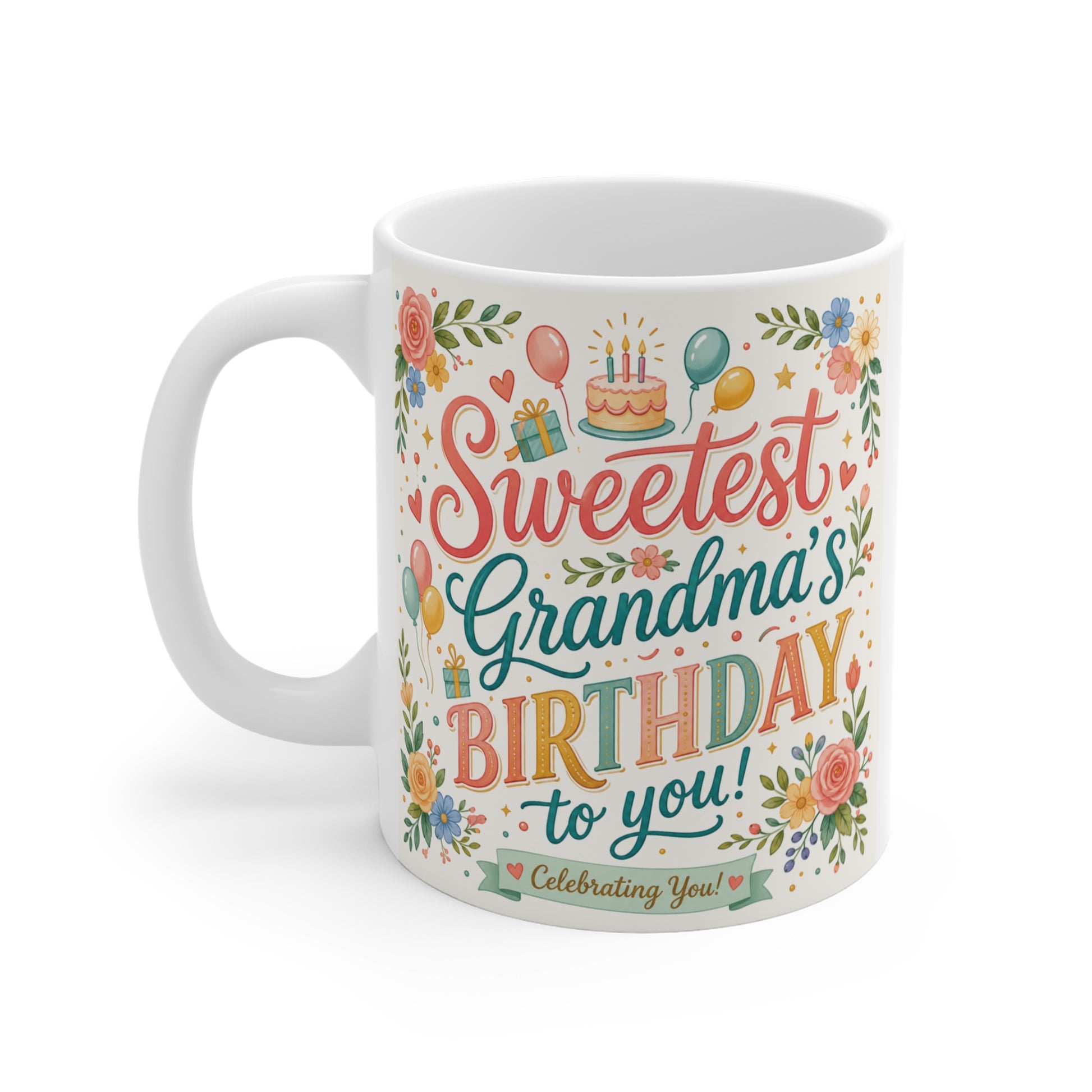 Floral birthday mug for Grandma with vibrant typography and heartfelt message, perfect gift from grandchildren