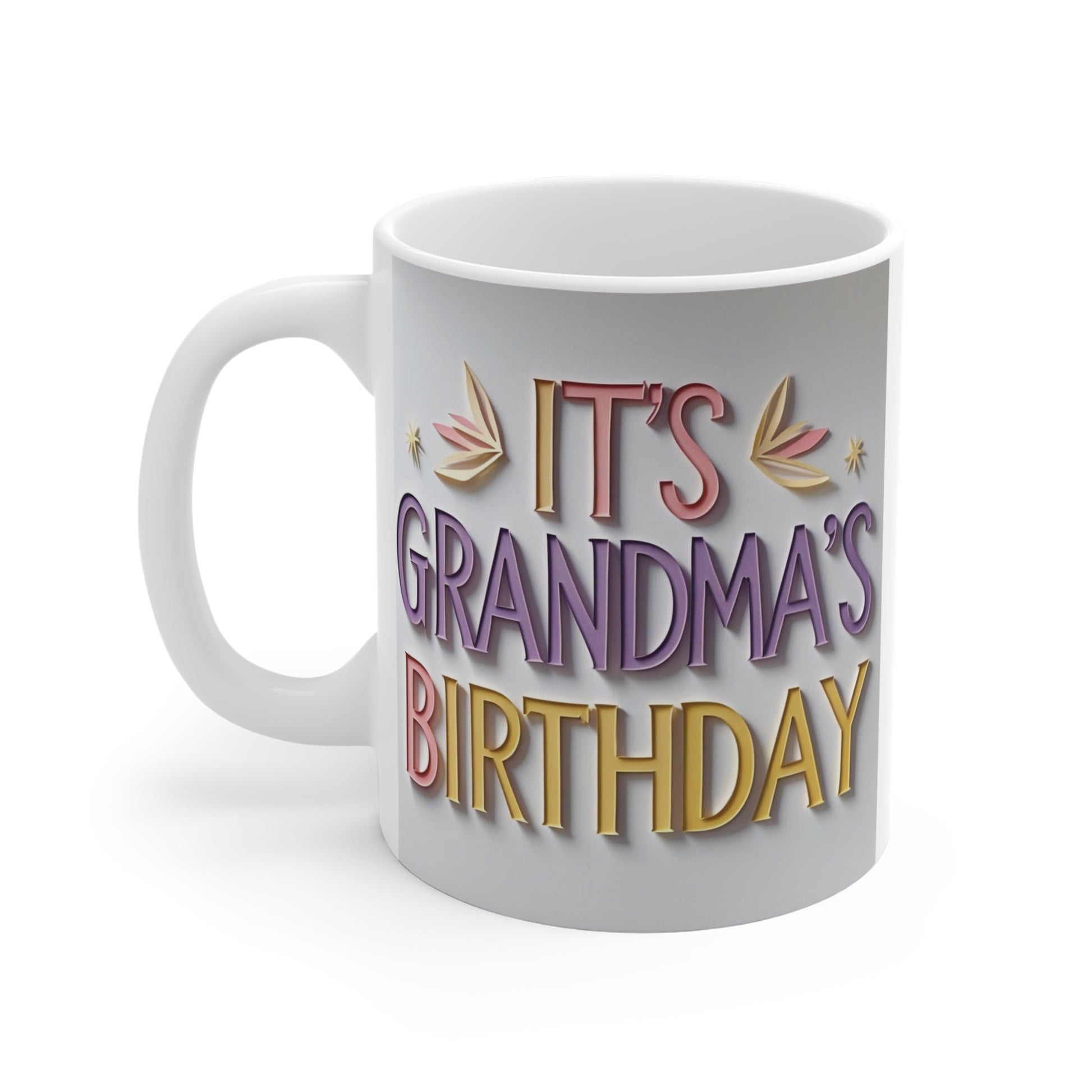 Cute birthday mug for Grandma featuring vibrant typography and cheerful pastel colors, perfect gift from grandchildren.