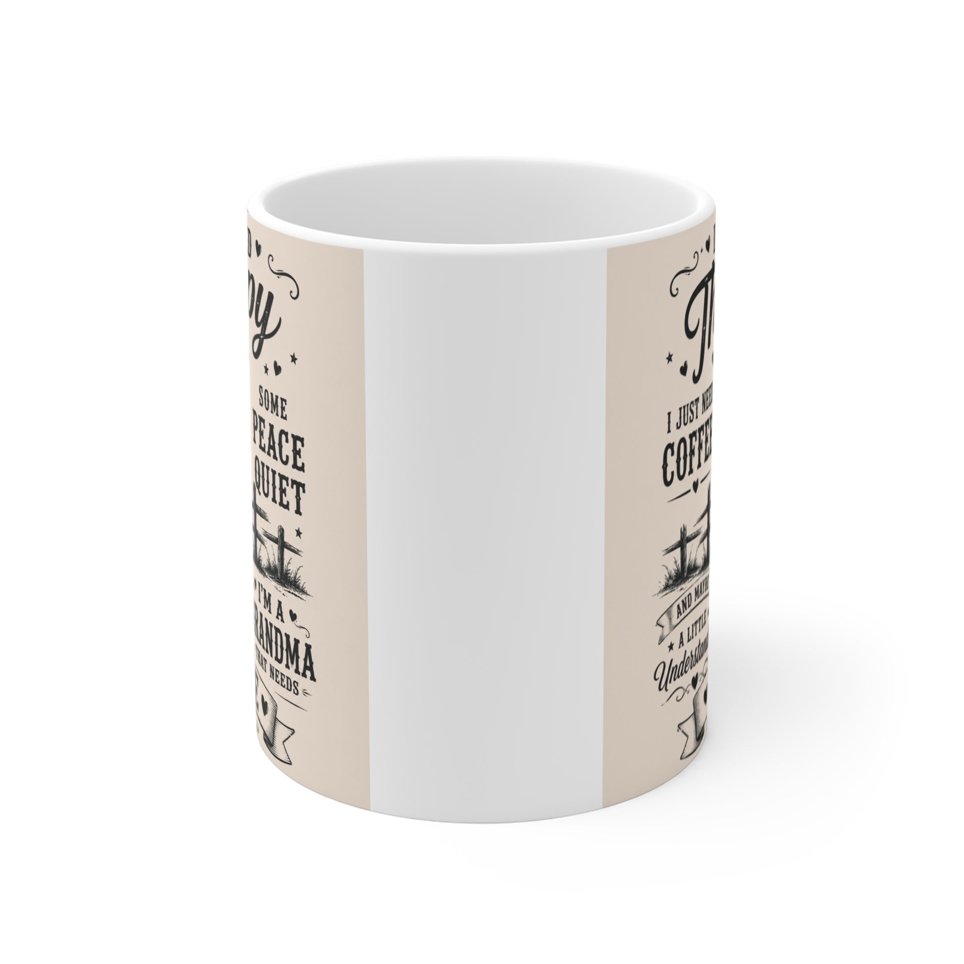 Rustic farmhouse style grandma mug featuring sarcastic typography quote and grandmother silhouette printed on white ceramic coffee cup.
