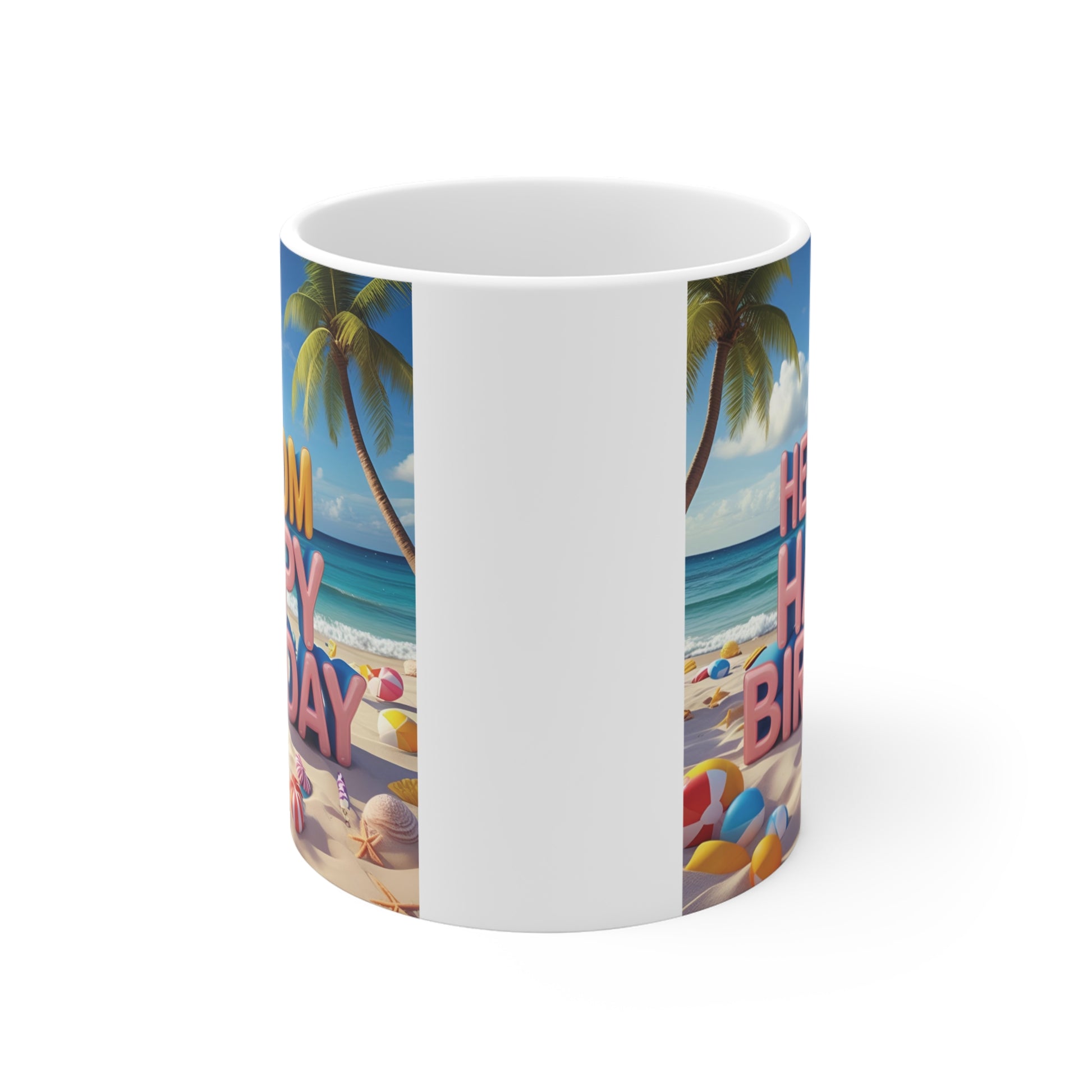 Beach themed birthday coffee mug gift for mom with palm trees and ocean design