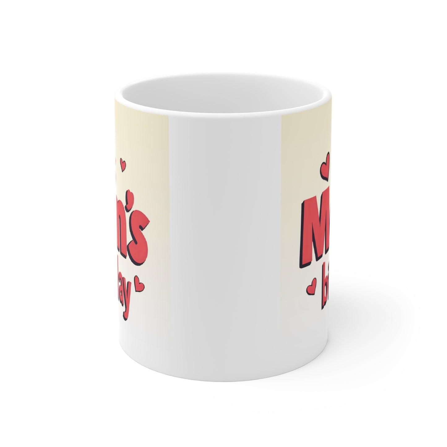 Funny birthday mug for mom with pink lettering and heart graphics