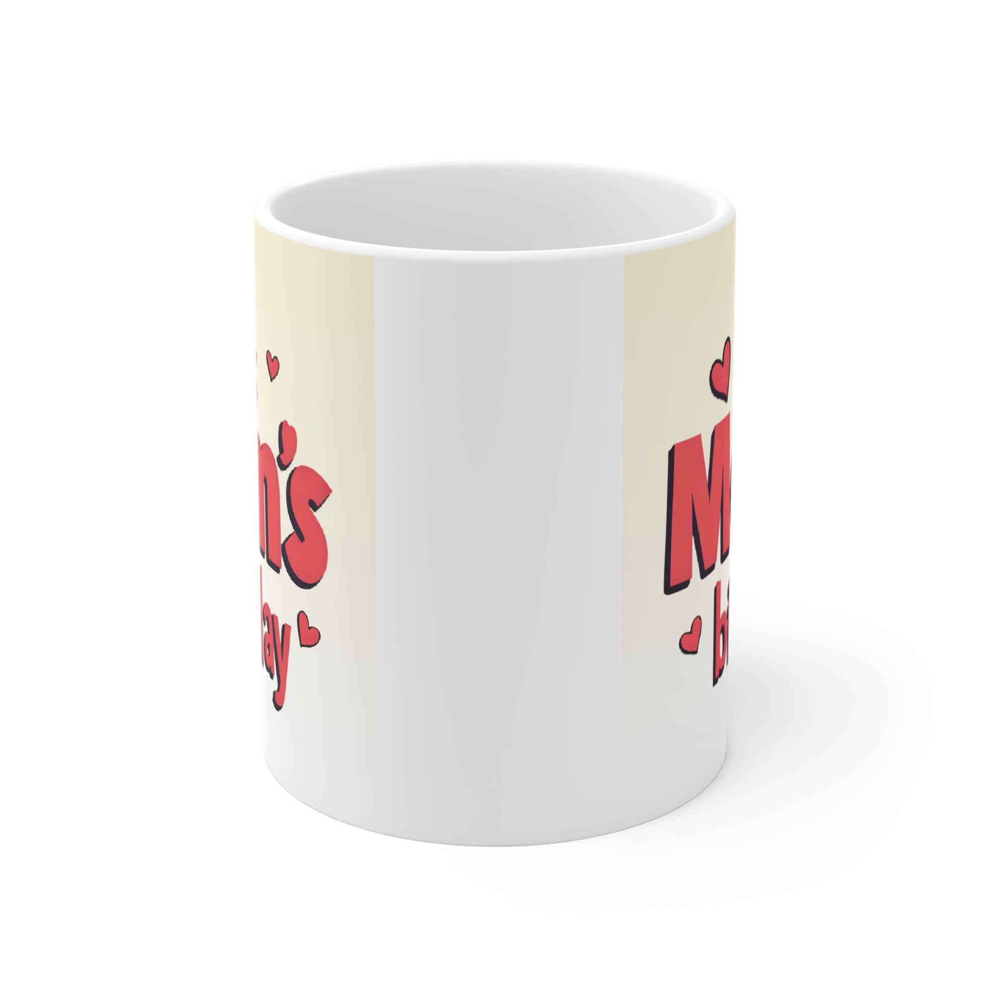 Funny birthday mug for mom with pink lettering and heart graphics