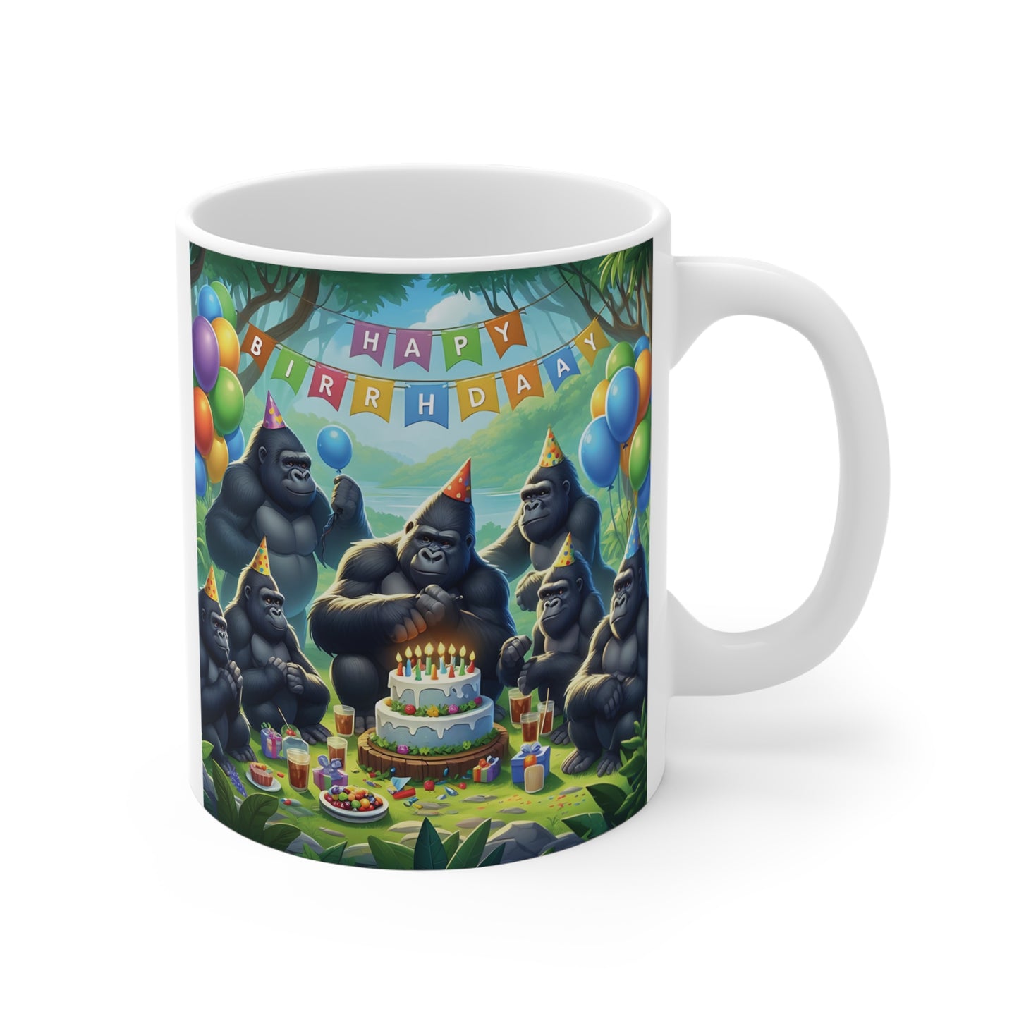 Funny gorilla birthday mug design with party hats, cake, balloons and ‘Happy Birthday’ banner in jungle setting