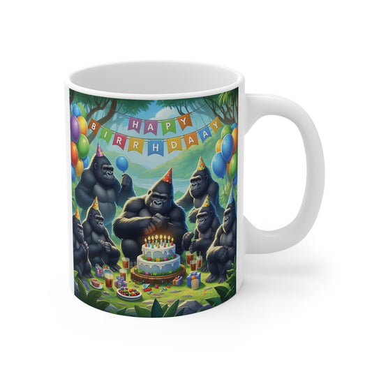 Funny gorilla birthday mug design with party hats, cake, balloons and ‘Happy Birthday’ banner in jungle setting