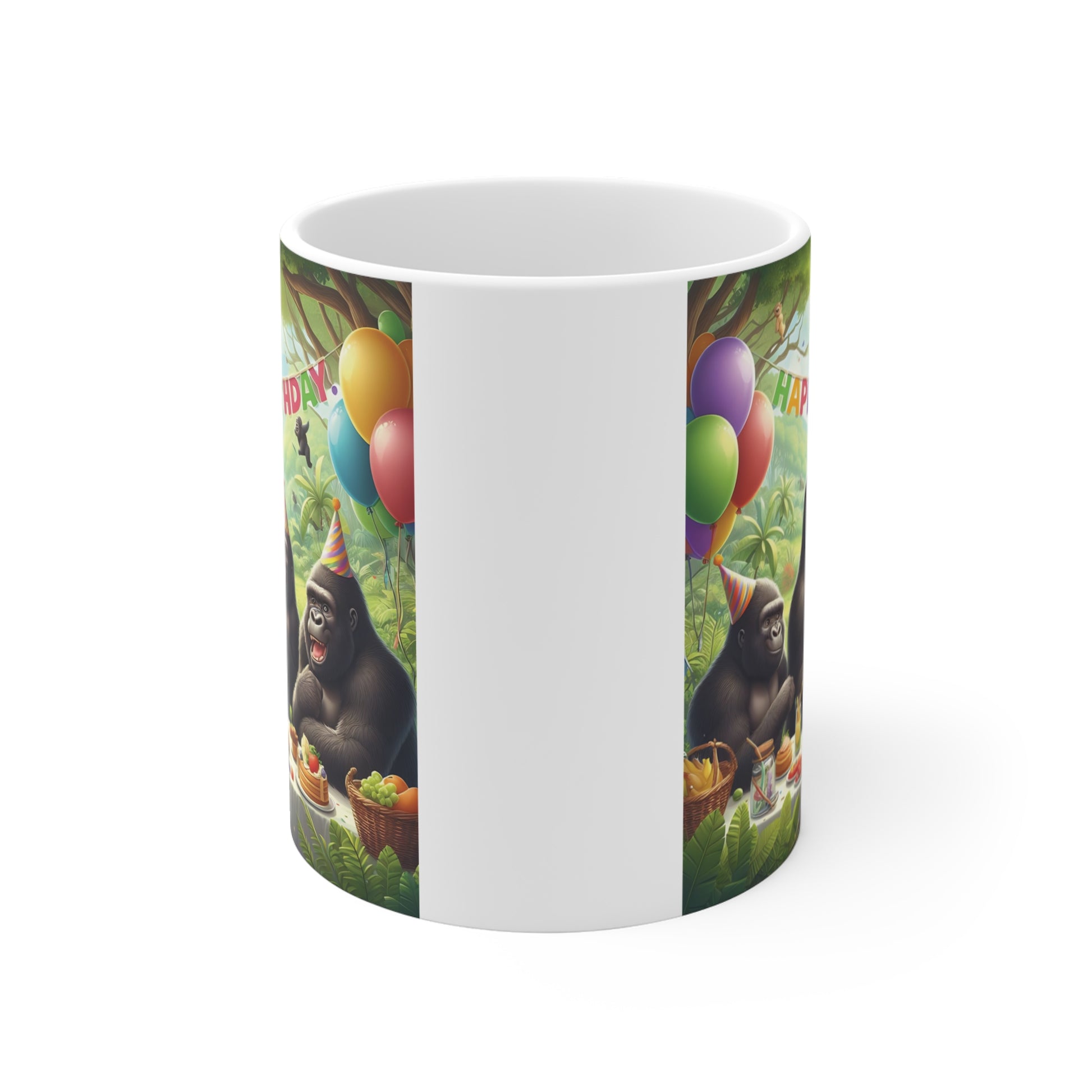 Happy birthday gorilla cartoon with party hats, cake and decorations, fun animal themed coffee mug gift