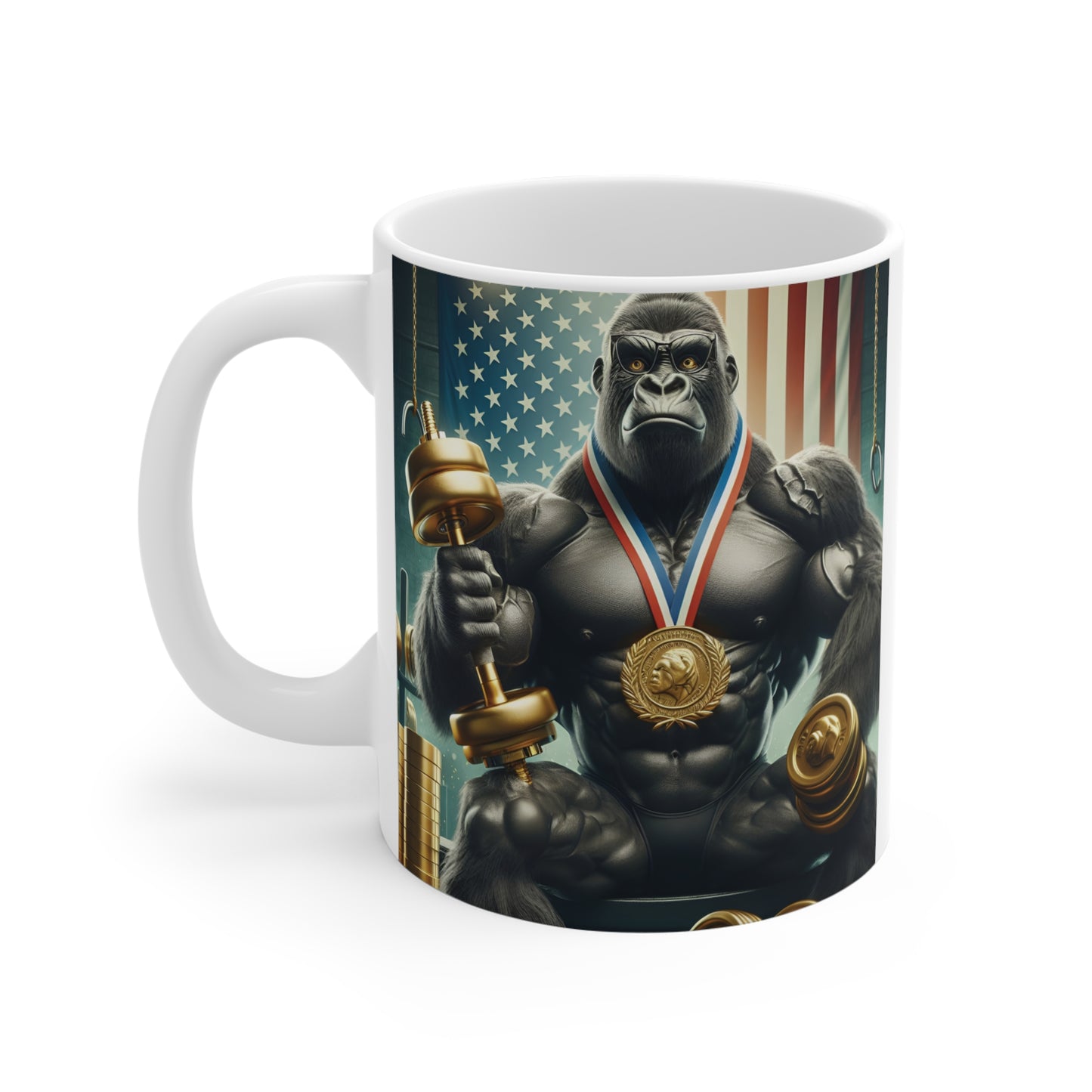 Patriotic gym-themed coffee mug showcasing a strong silverback gorilla with a dumbbell, gold medal, and USA flag background.