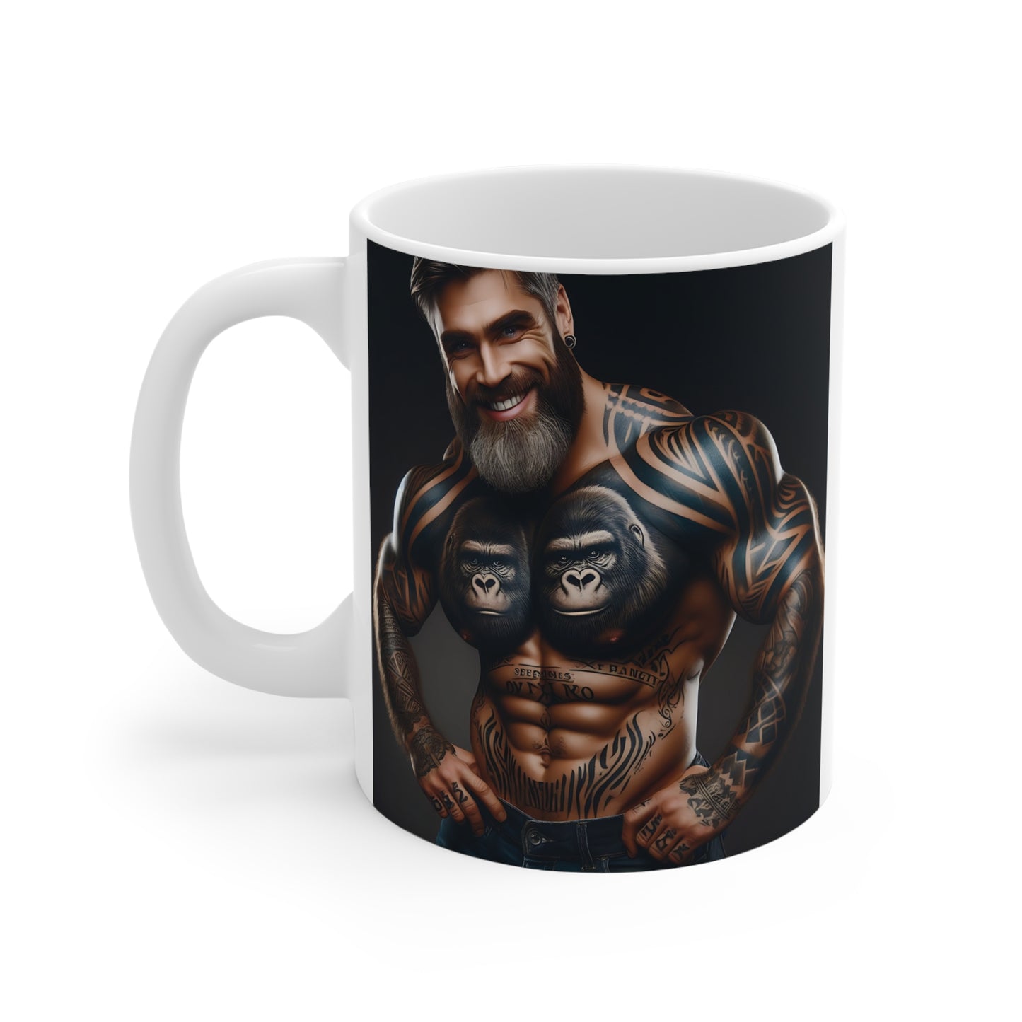 Realistic illustration of a smiling muscular bearded man with gorilla-themed chest tattoos featured on a white ceramic mug.