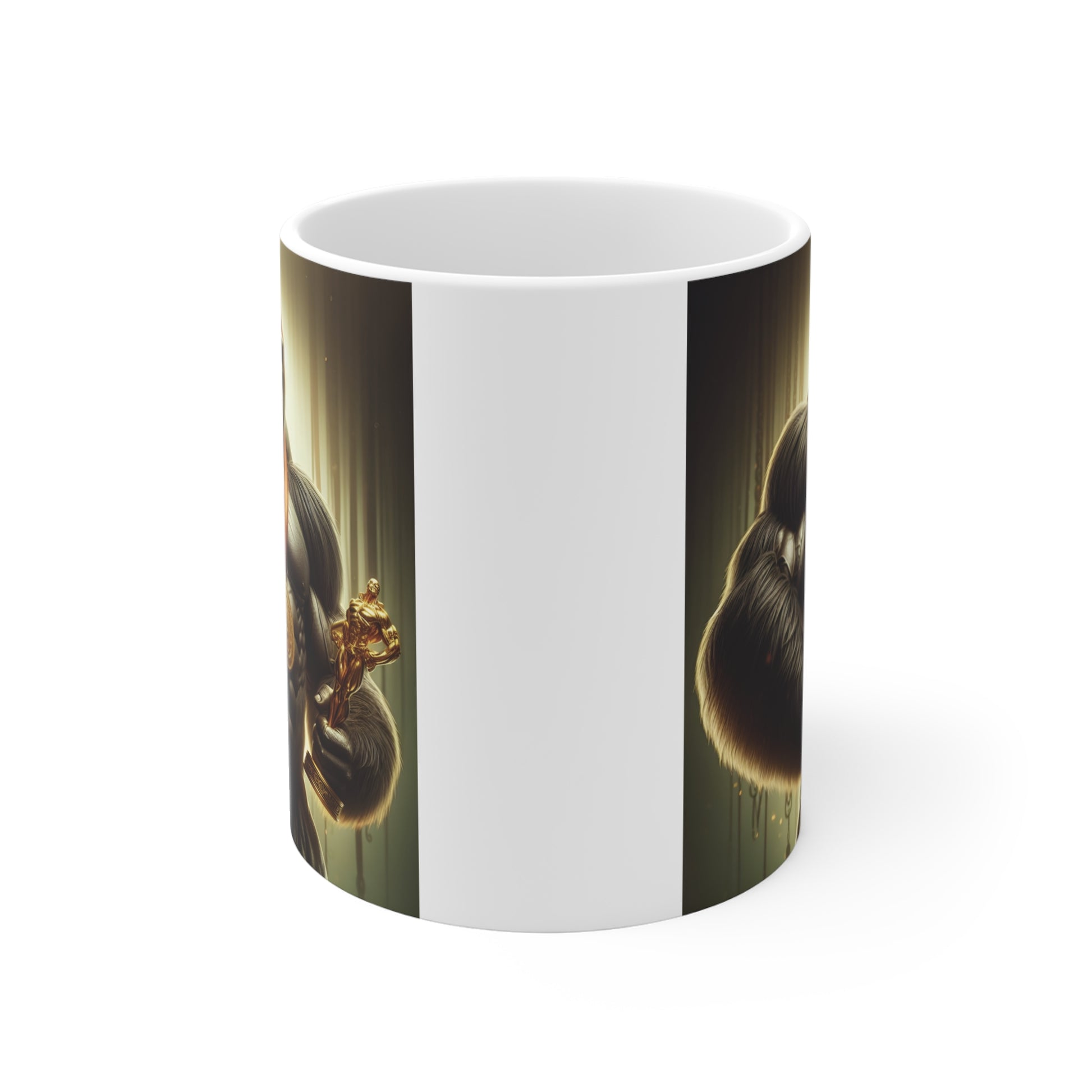 Champion gorilla coffee mug with powerful bodybuilding gorilla, award medal, and victory trophy design.