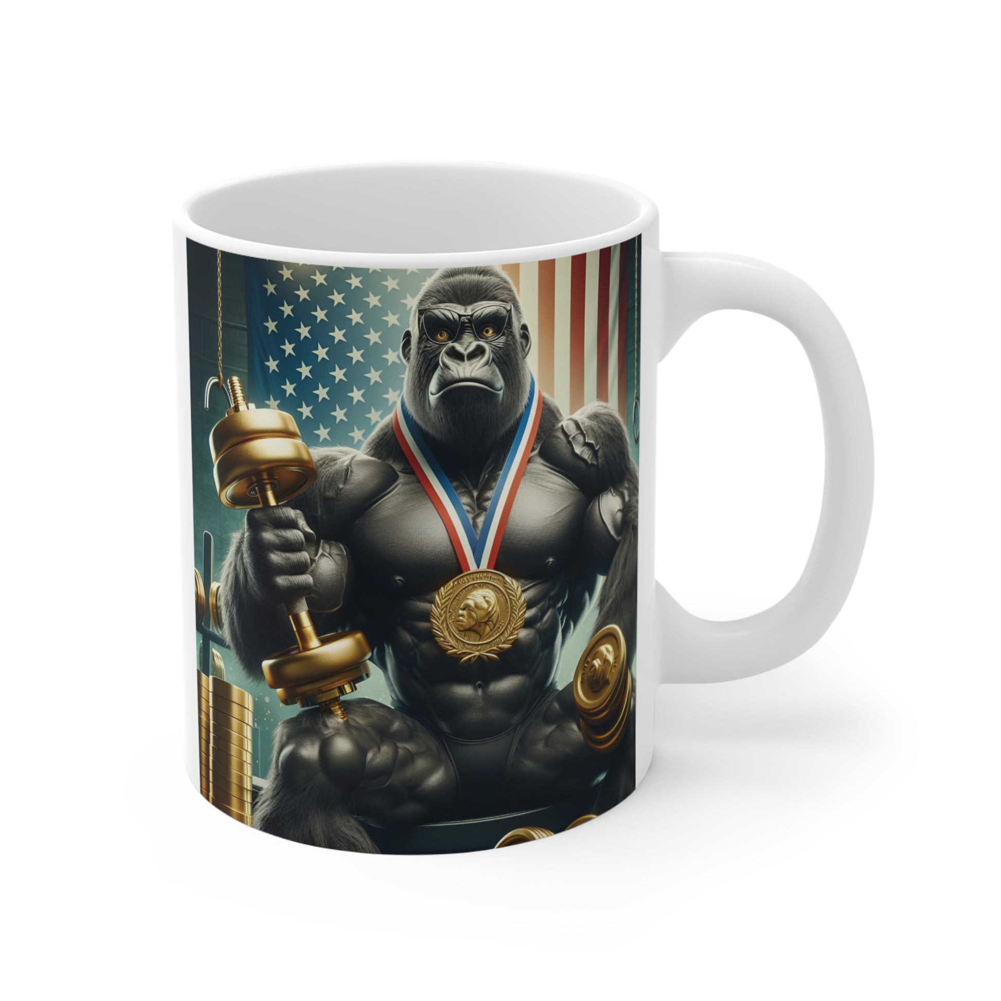 Muscular gorilla holding a dumbbell and wearing a gold medal in front of an American flag on a white ceramic fitness coffee mug.