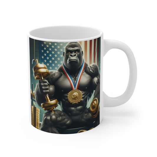 Muscular gorilla holding a dumbbell and wearing a gold medal in front of an American flag on a white ceramic fitness coffee mug.
