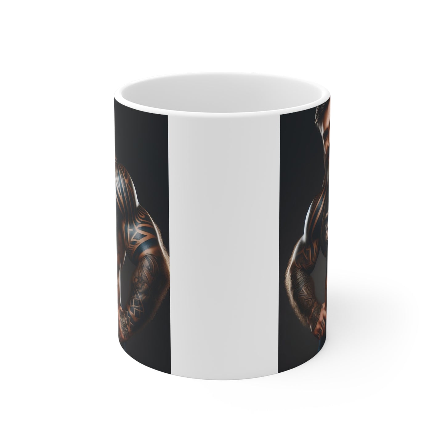 Strong tattooed man with a full beard and detailed gorilla chest tattoos printed on a novelty ceramic coffee mug.