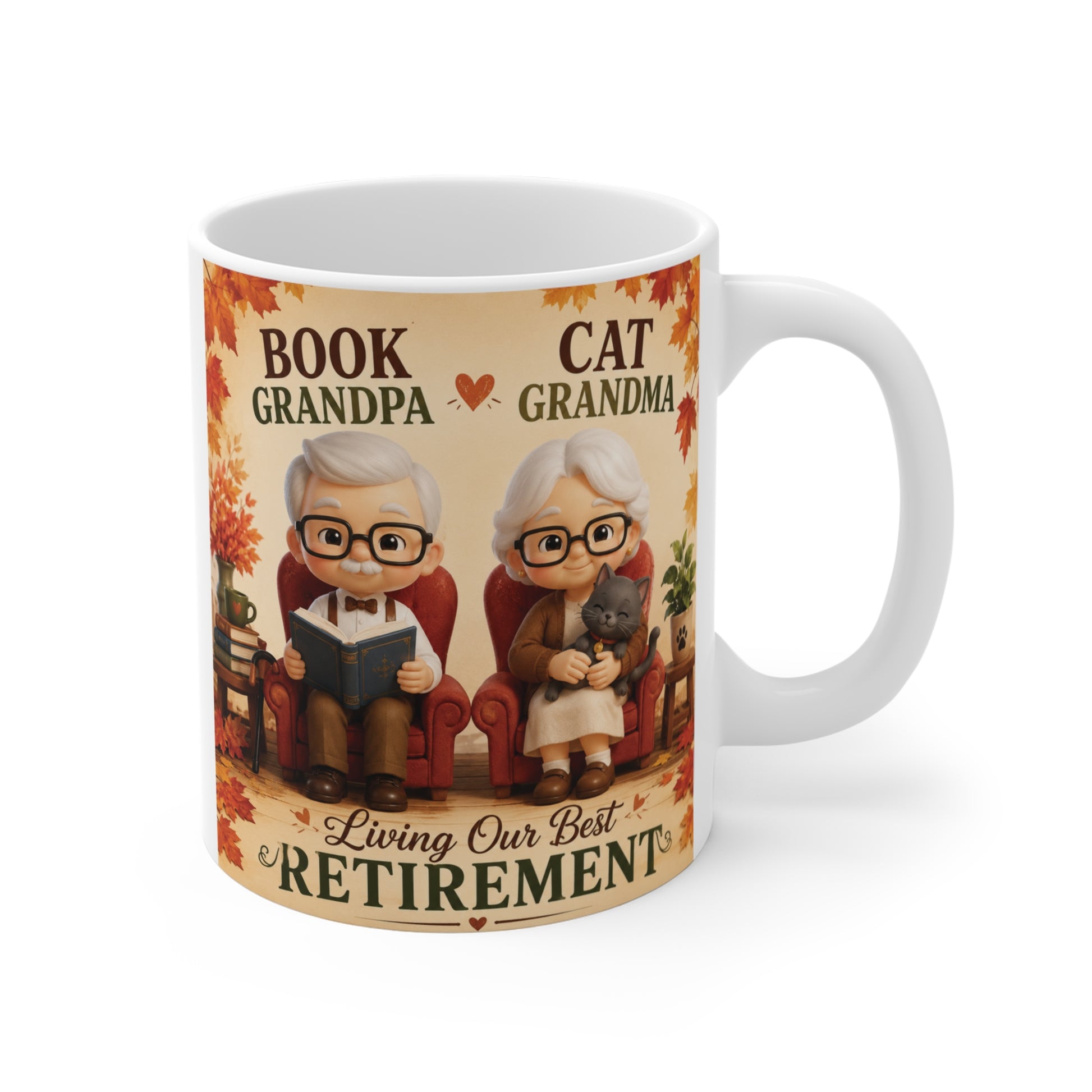 Book Grandpa Cat Grandma 11oz ceramic coffee mug featuring cute retired grandparents with the quote "Living Our Best Retirement."