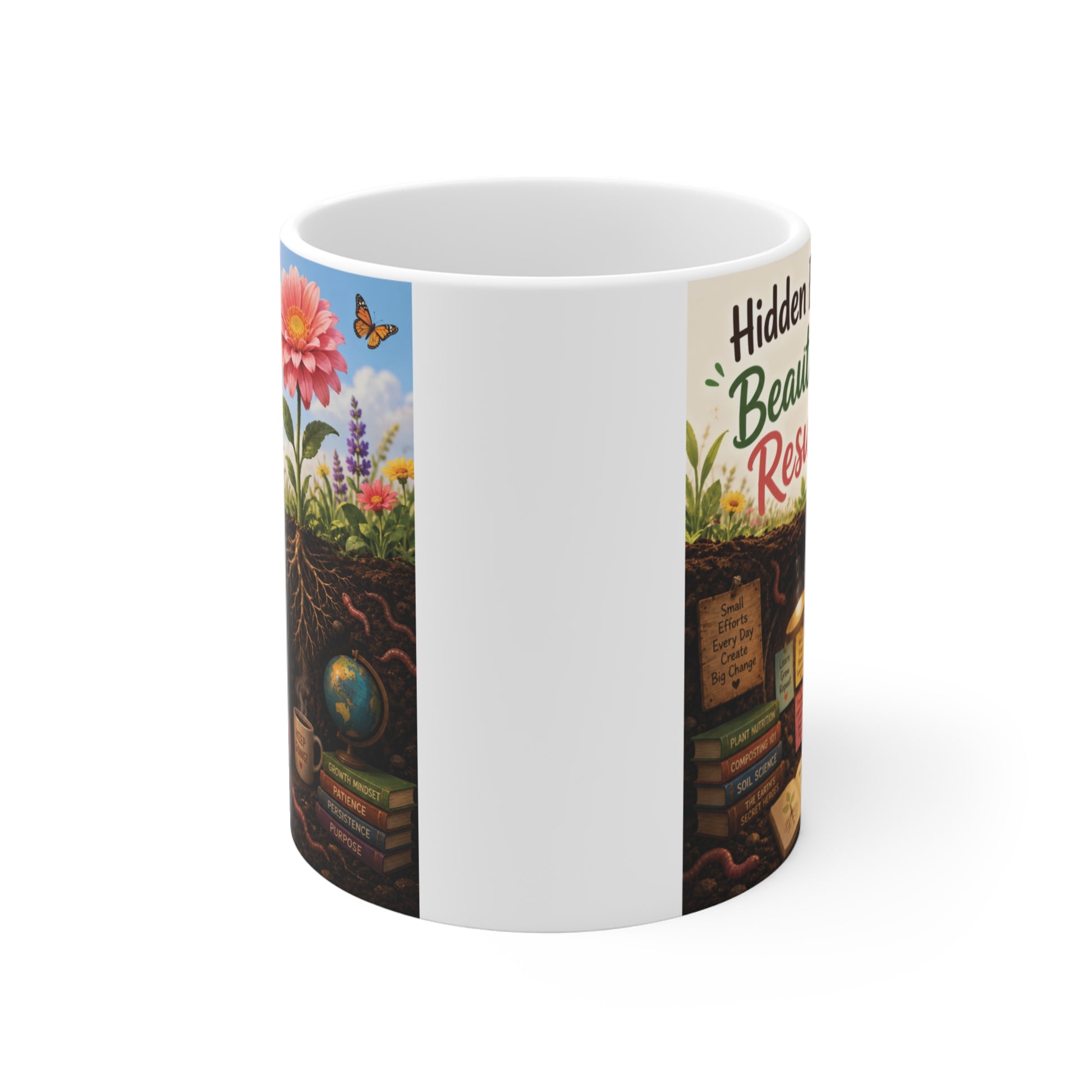 Motivational student coffee mug with colorful floral artwork, book-loving worm illustration, and Hidden Effort Beautiful Results message.