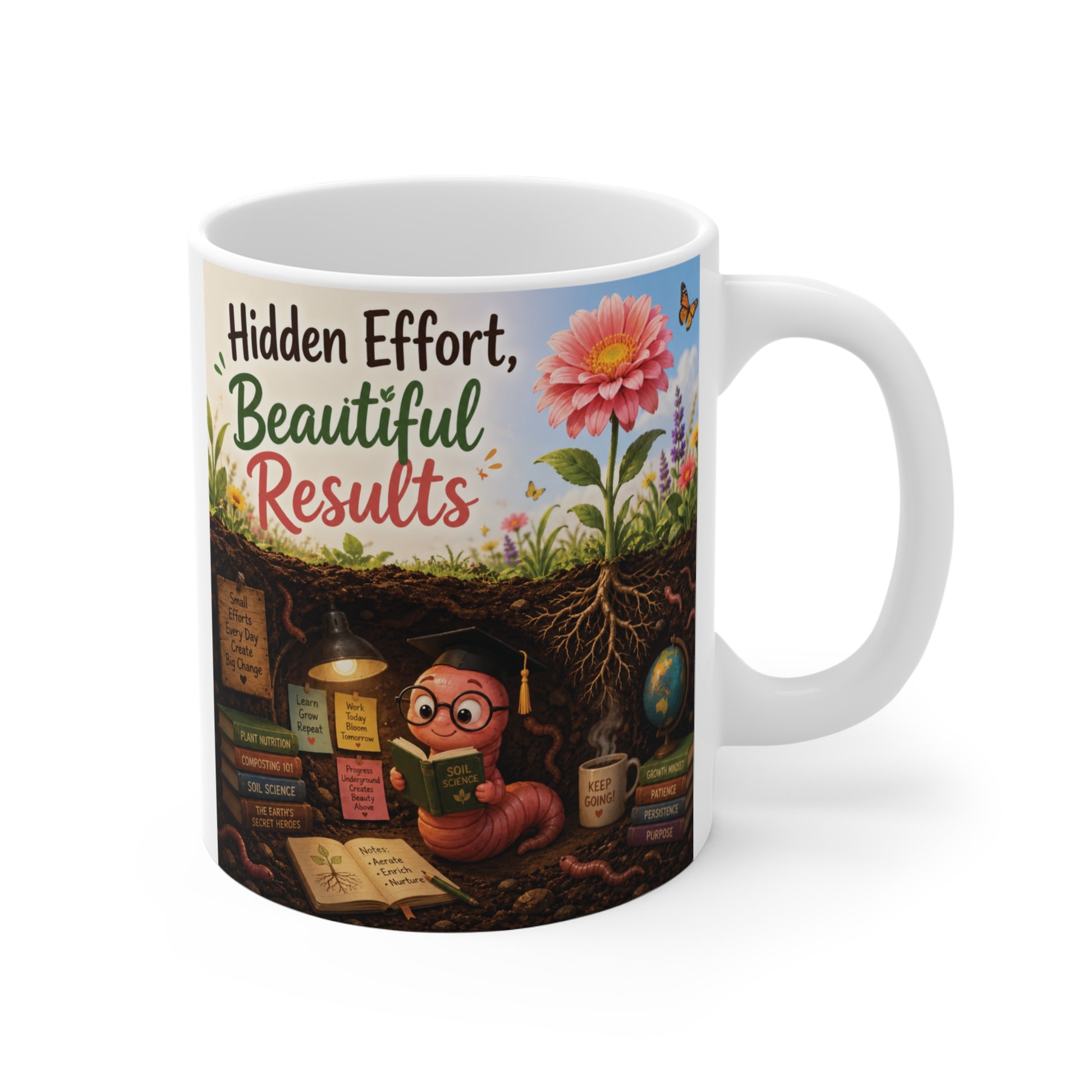 Inspirational 11oz ceramic mug featuring a cute reading worm underground with blooming flowers and the quote Hidden Effort Beautiful Results.