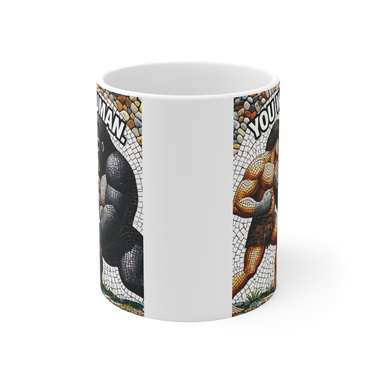 11oz ceramic funny mug featuring human vs gorilla artwork, sarcastic meme cup for coffee lovers, office humor gift