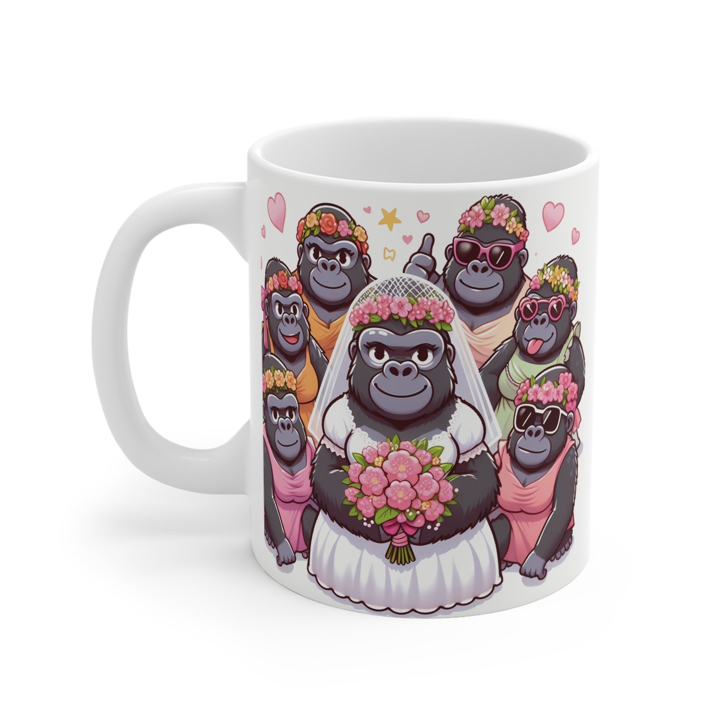Adorable wedding-themed gorilla mug featuring floral crowns, sunglasses, and bridal gorilla design – fun bridesmaid and bride gift idea