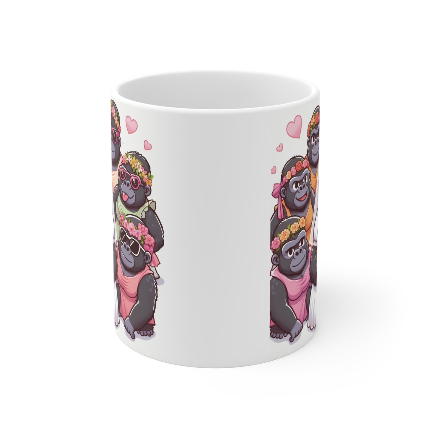 Cartoon gorilla bride holding pink bouquet surrounded by stylish gorilla bridesmaids on white ceramic mug – unique wedding gift mug