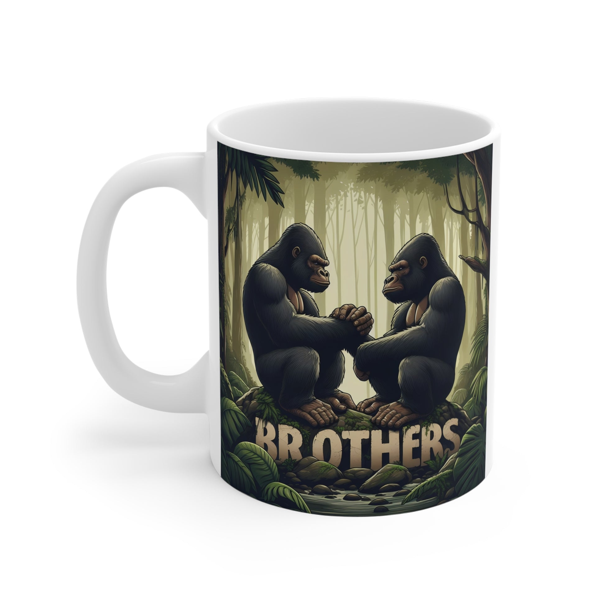 Decorative ceramic mug with two gorillas facing each other in a rainforest scene, featuring bold “BROTHERS” text and dramatic nature-inspired art.