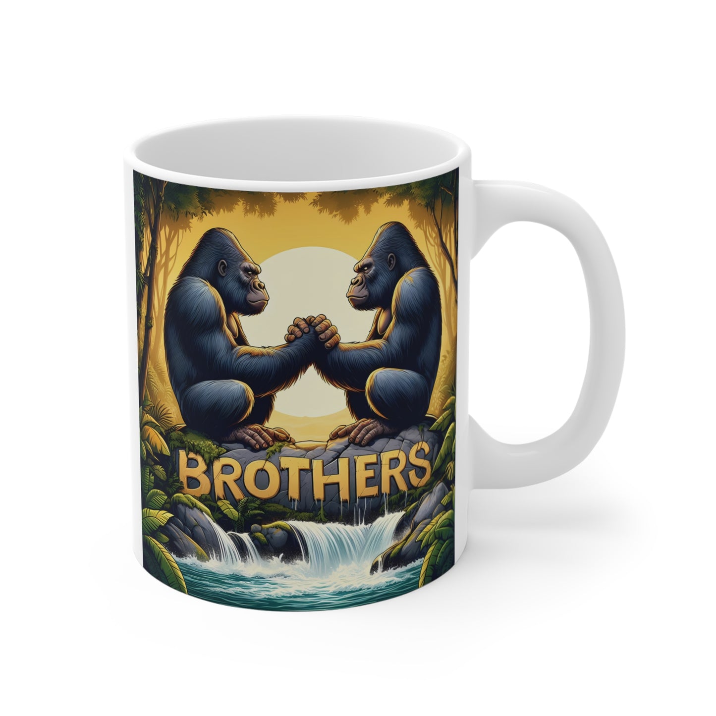 Ceramic coffee mug featuring two gorillas clasping hands in a symbol of brotherhood, surrounded by a jungle landscape with a waterfall and the word “BROTHERS” prominently displayed.