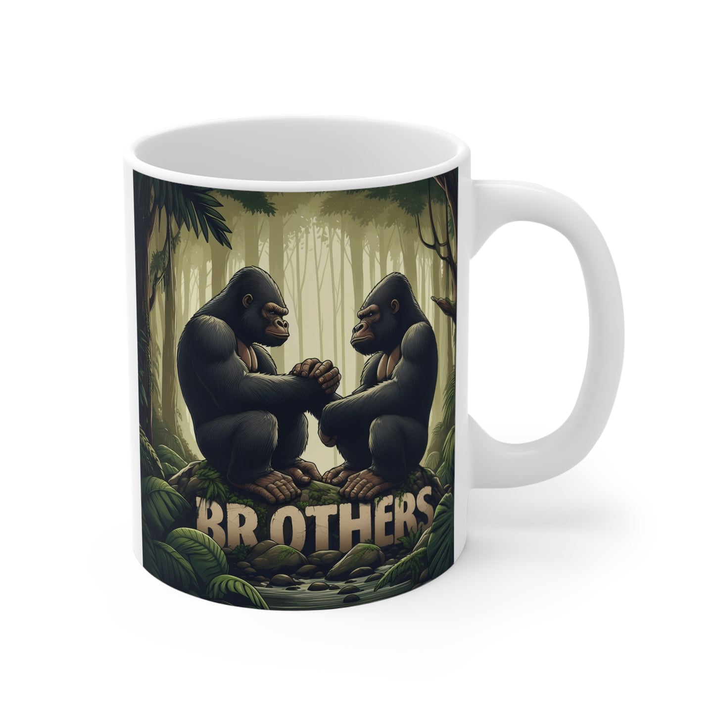 White ceramic mug featuring two strong gorillas sitting face-to-face in a misty jungle with the word “BROTHERS” displayed in bold lettering.