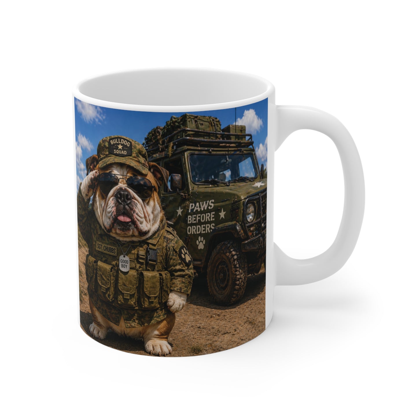 Funny military bulldog wearing tactical gear standing in front of army vehicle on coffee mug