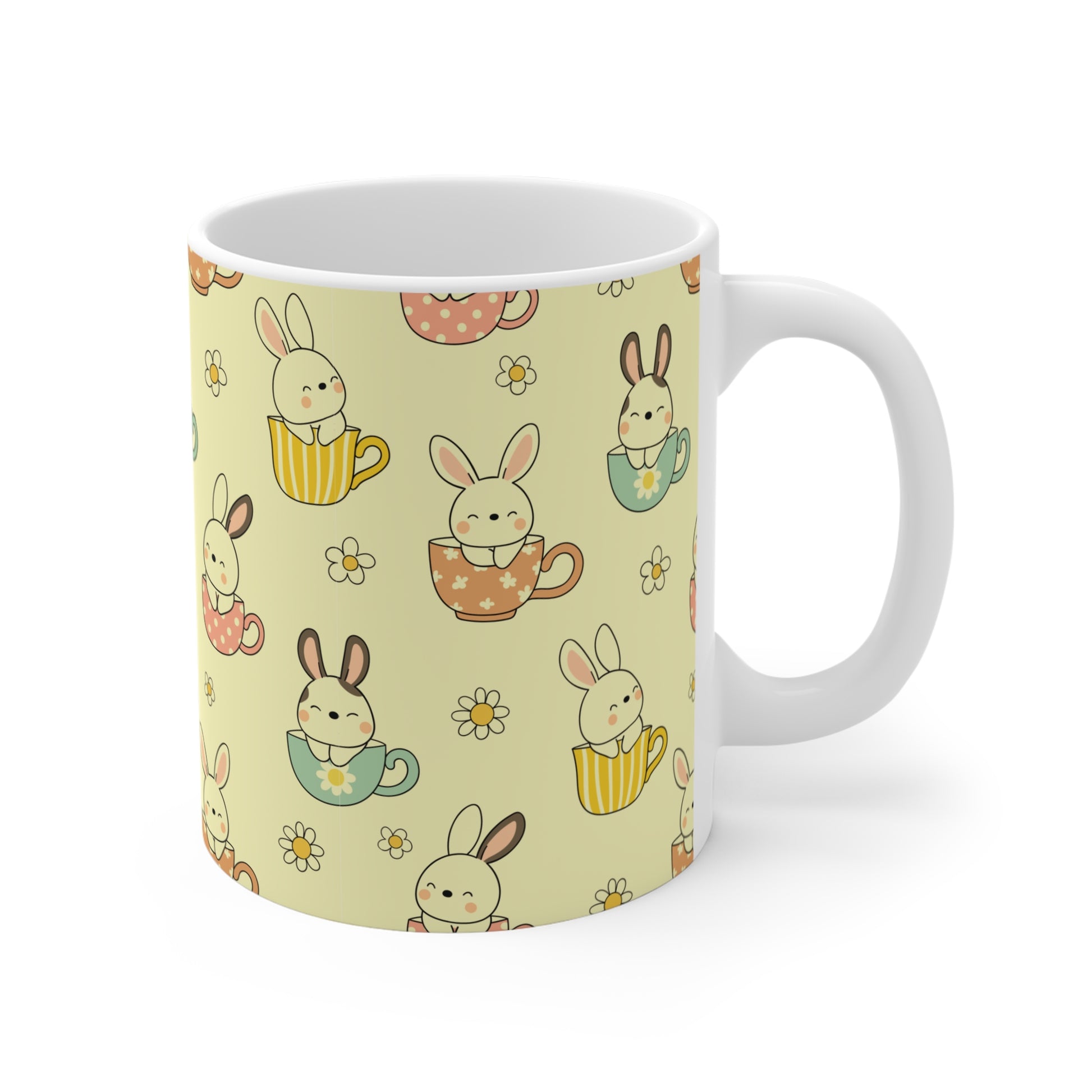 Seamless bunny and teacup pattern mug with cartoon rabbits, flowers and soft pastel tones, cute aesthetic gift design