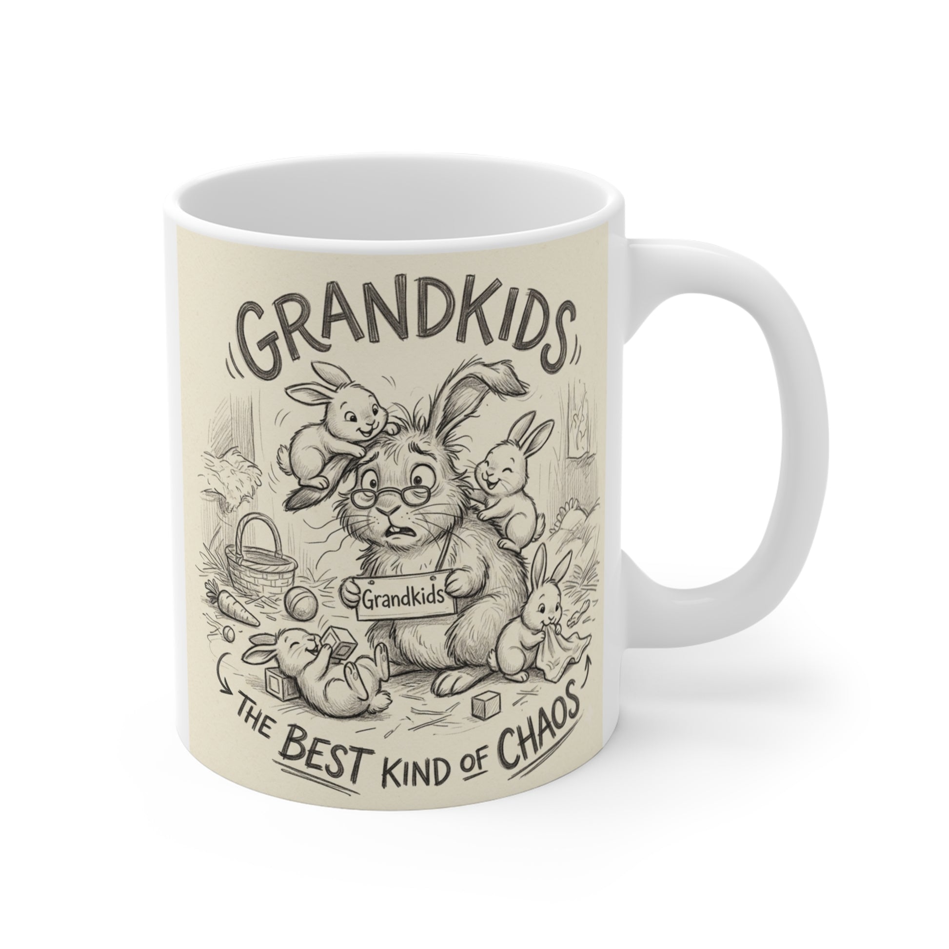 Vintage bunny illustration on an 11oz ceramic mug with the quote "Grandkids The Best Kind of Chaos."