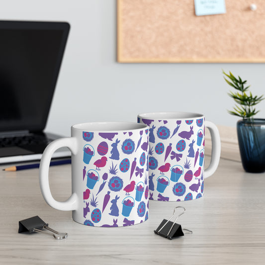 Easter pattern mug with colorful eggs, bunnies, birds, carrots, and baskets in playful pastel design