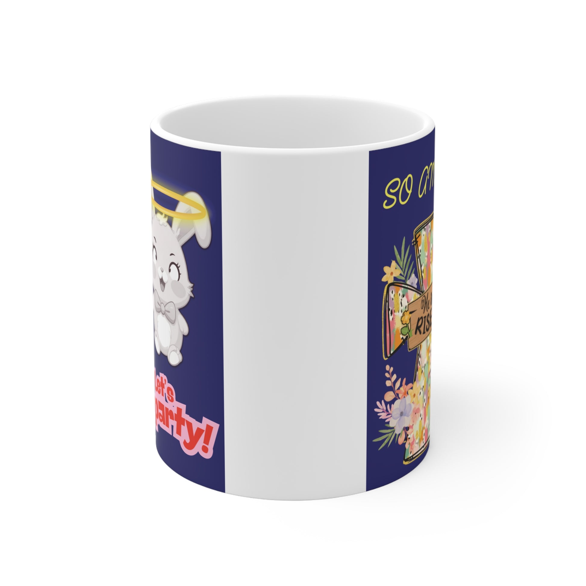 Cute Easter bunny mug design with halo, vibrant floral cross, ‘He Is Risen’ quote, and festive ‘Let’s Party’ lettering