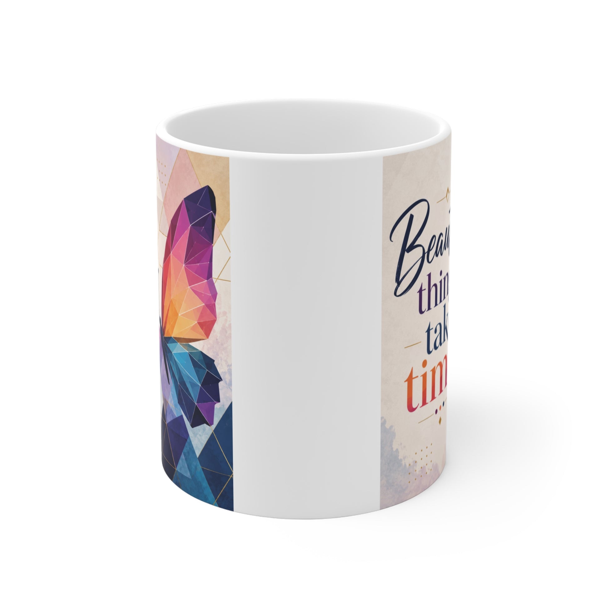 Colorful geometric butterfly ceramic mug with motivational quote design