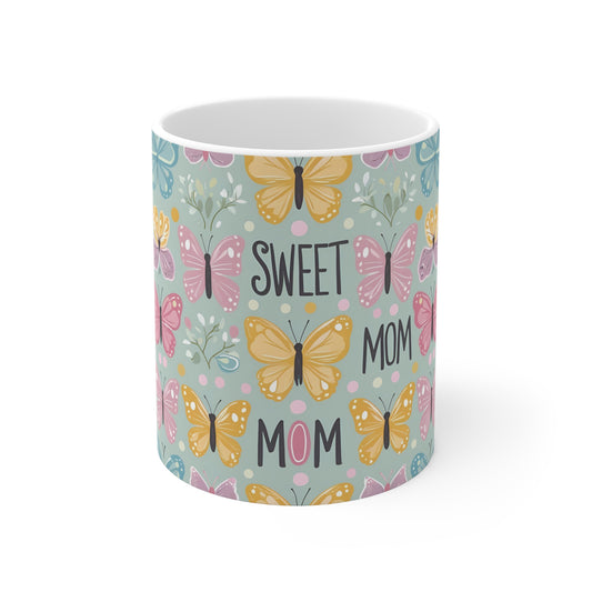Sweet mom butterfly mug with pastel floral design, cute 11oz coffee cup gift for mom or mother’s day