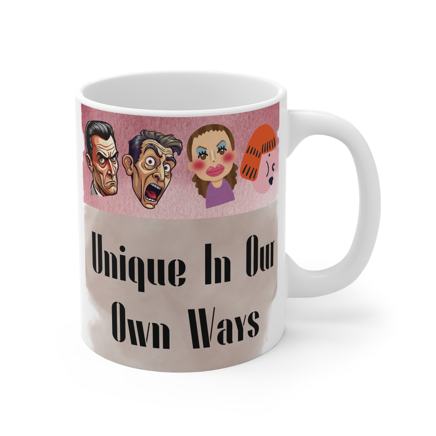 Funny character mug featuring expressive cartoon faces and ‘Unique In Our Own Ways’ quote design for gift or coffee lovers