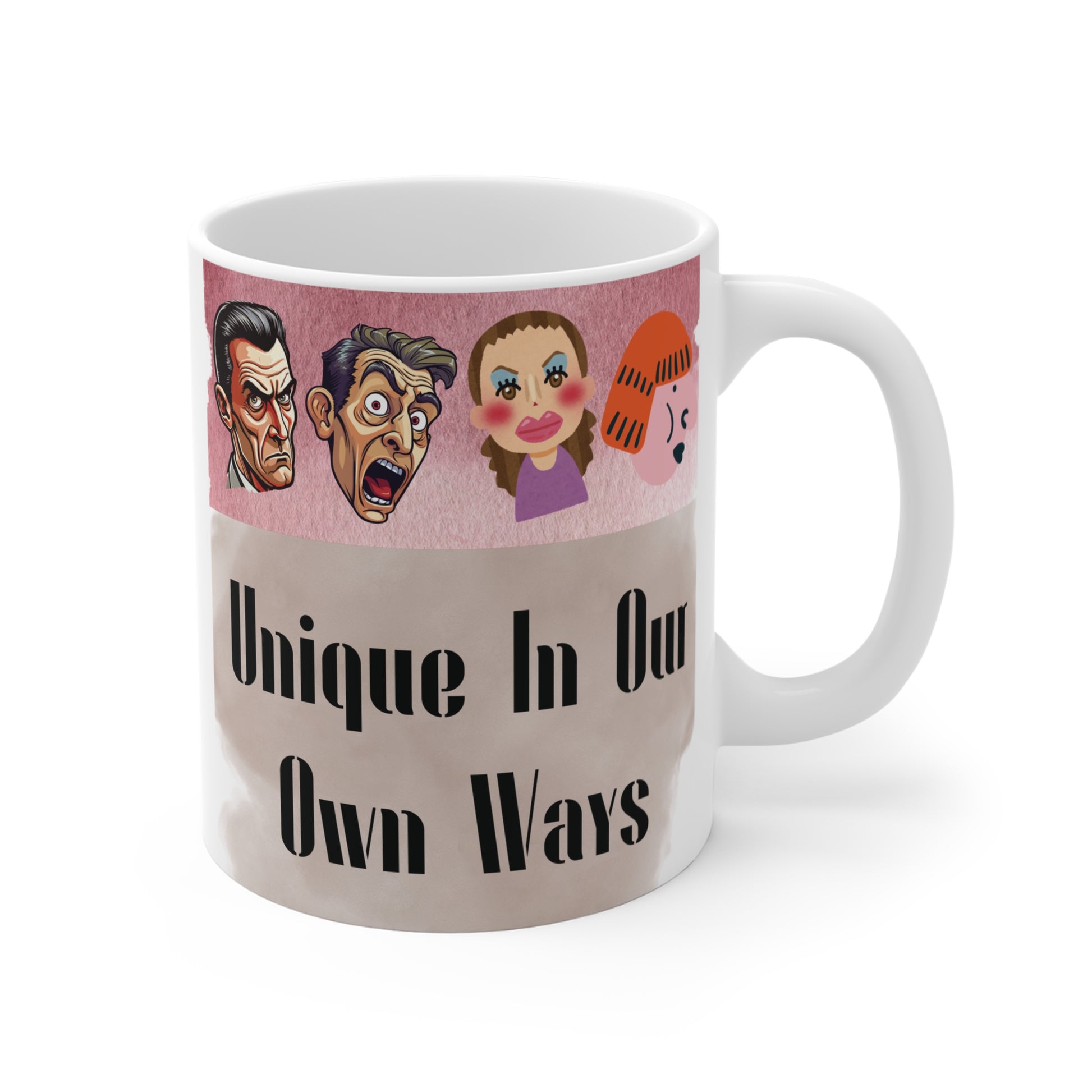 Funny character mug featuring expressive cartoon faces and ‘Unique In Our Own Ways’ quote design for gift or coffee lovers