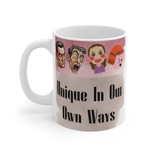 Ceramic mug with colorful cartoon faces and the phrase ‘Unique In Our Own Ways’ printed on the front