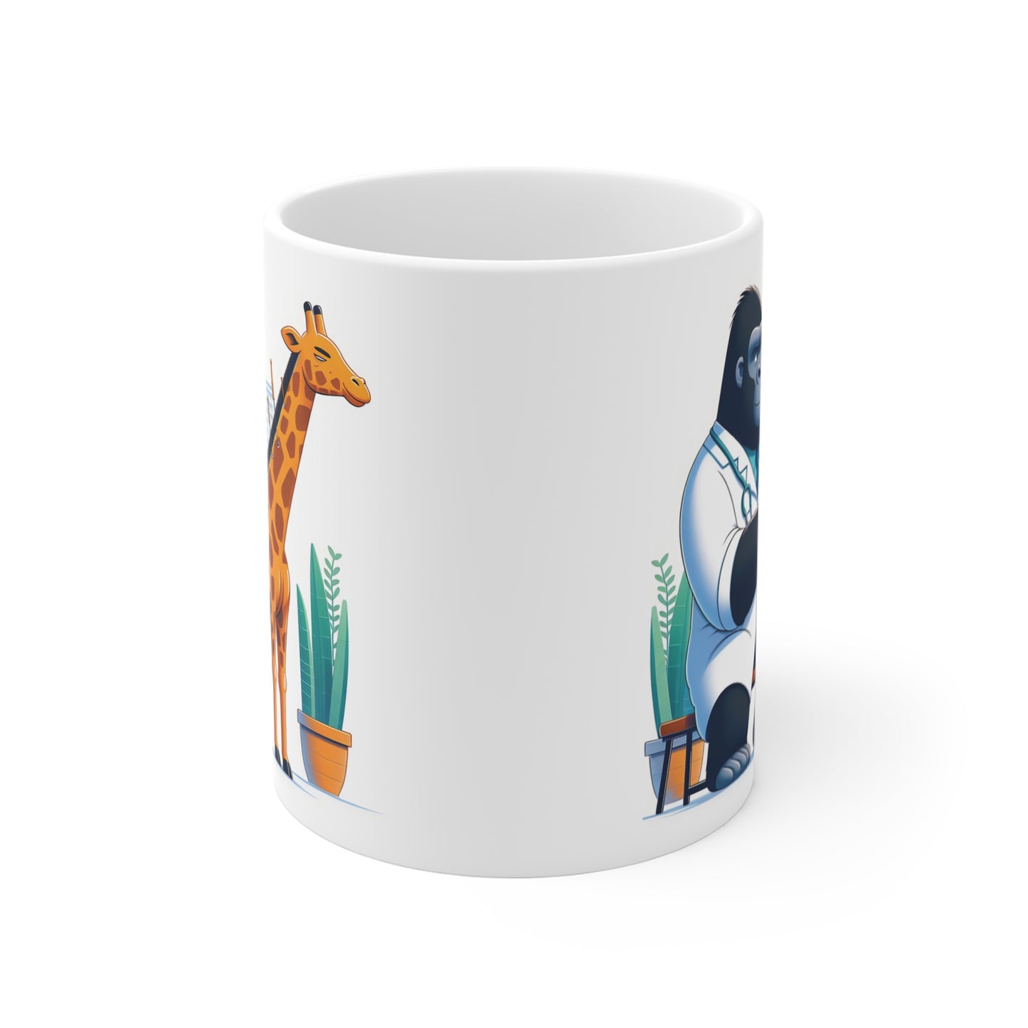 Funny animal vet scene mug with gorilla acupuncturist and zebra patient, quirky cartoon coffee cup gift idea