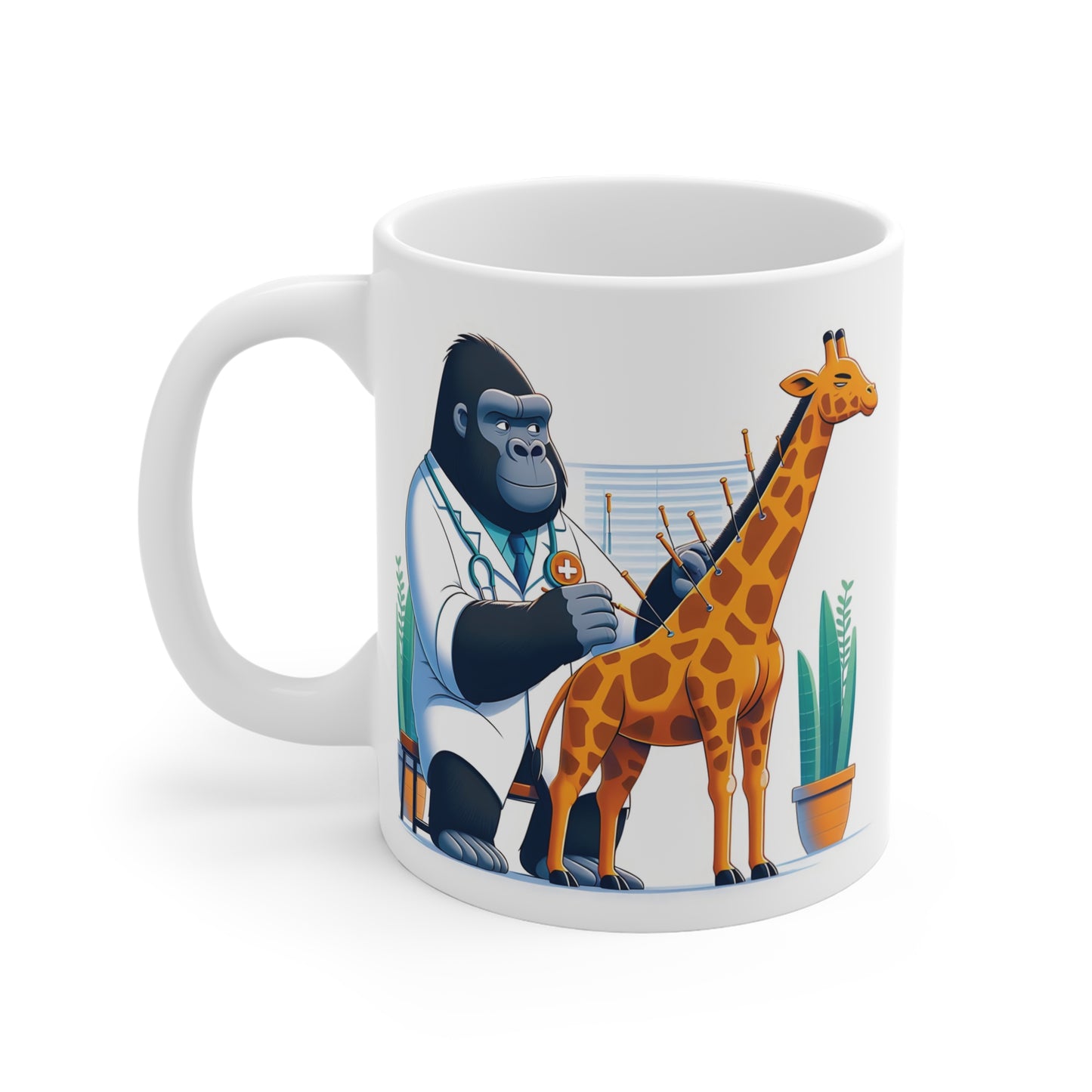 Gorilla vet doctor treating zebra with acupuncture illustration on ceramic mug, humorous animal clinic design