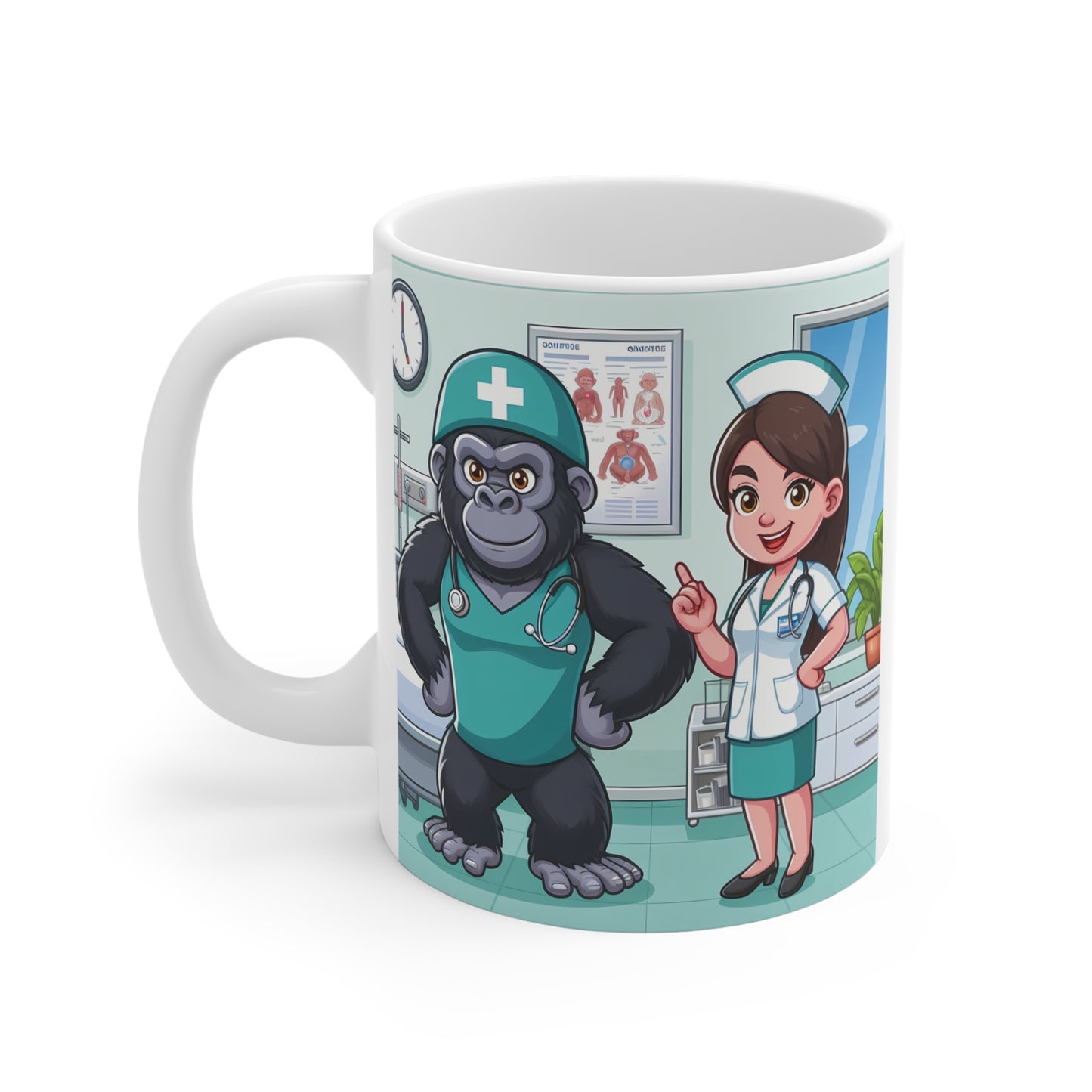 Funny healthcare mug design featuring cartoon gorilla doctor and smiling nurse in hospital room