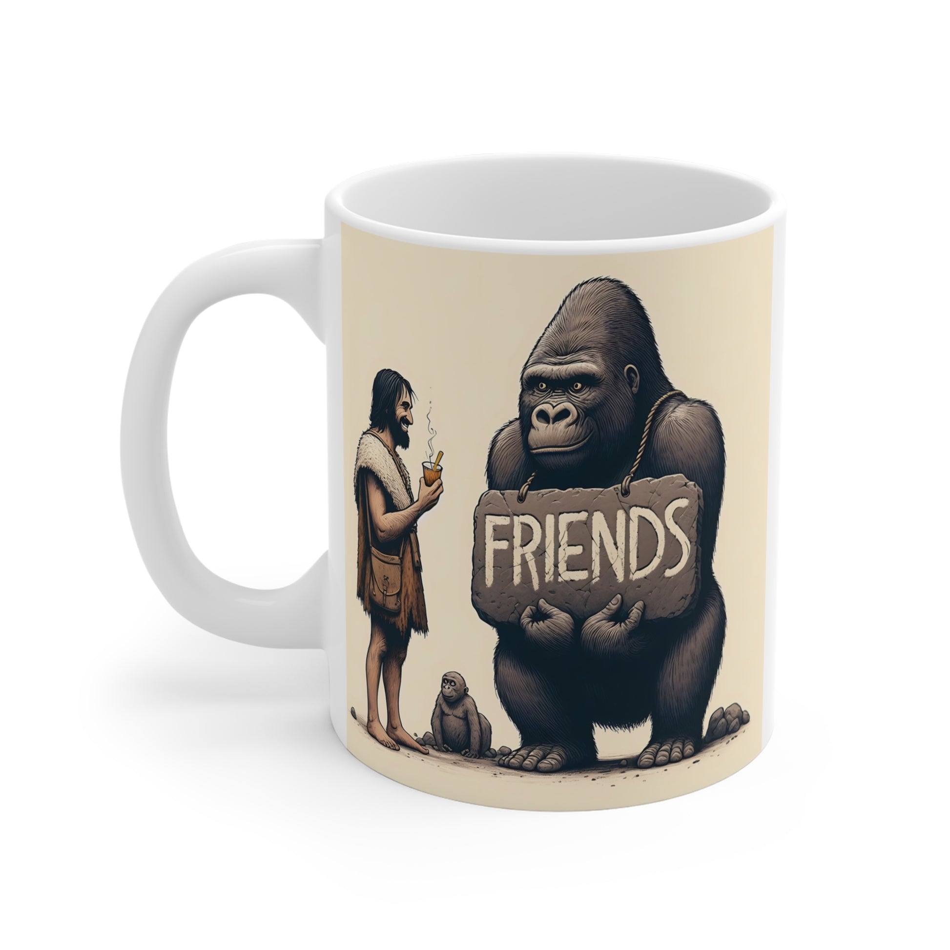 Vintage Style Gorilla Friends Mug – Unique Gorilla Holding Friends Sign Ceramic Coffee Cup with Retro Cartoon Artwork