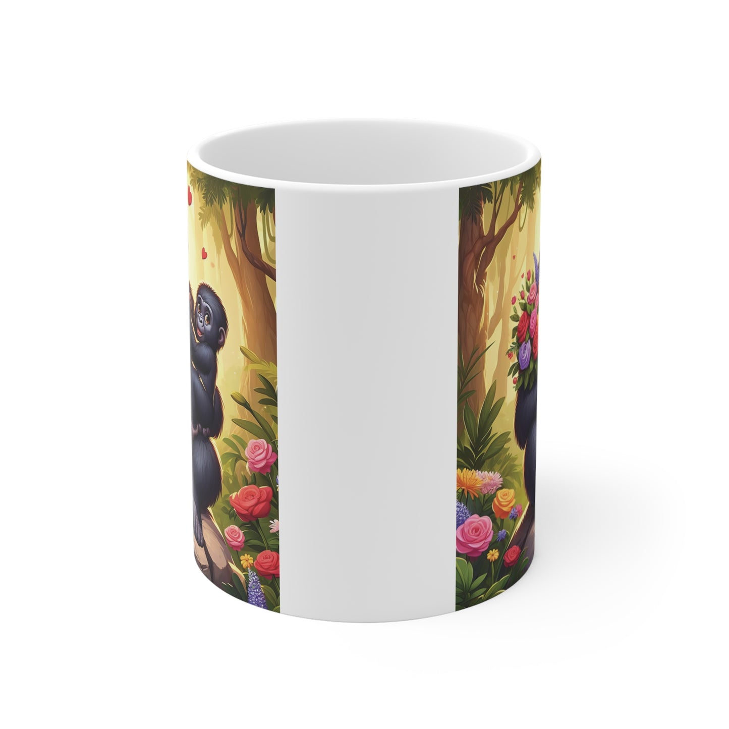 Cartoon gorilla mom with baby gorilla and bouquet of roses printed on a coffee mug, heartwarming wildlife art mug for Mother’s Day gifts.