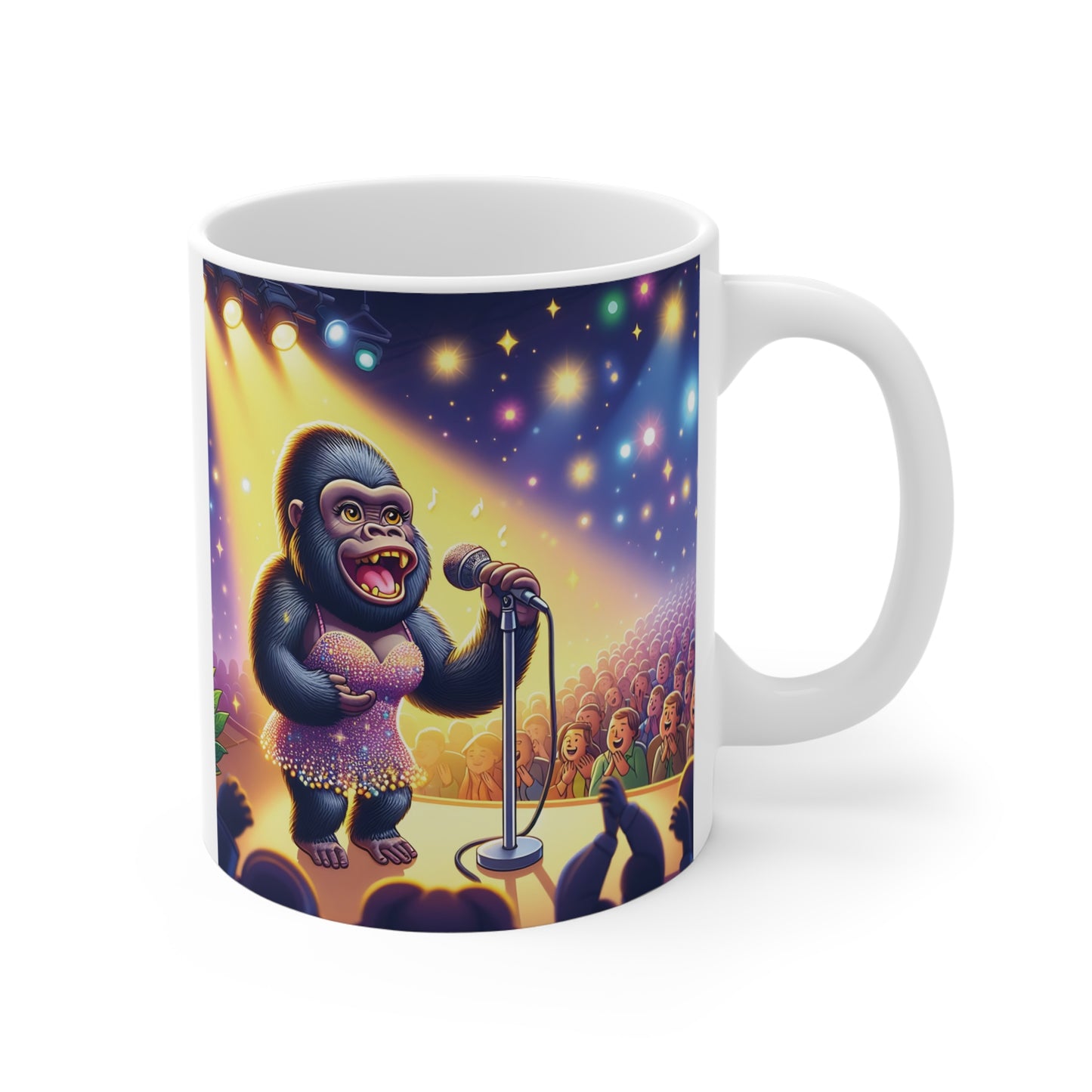 Funny gorilla singer performing on stage with microphone colorful cartoon coffee mug design