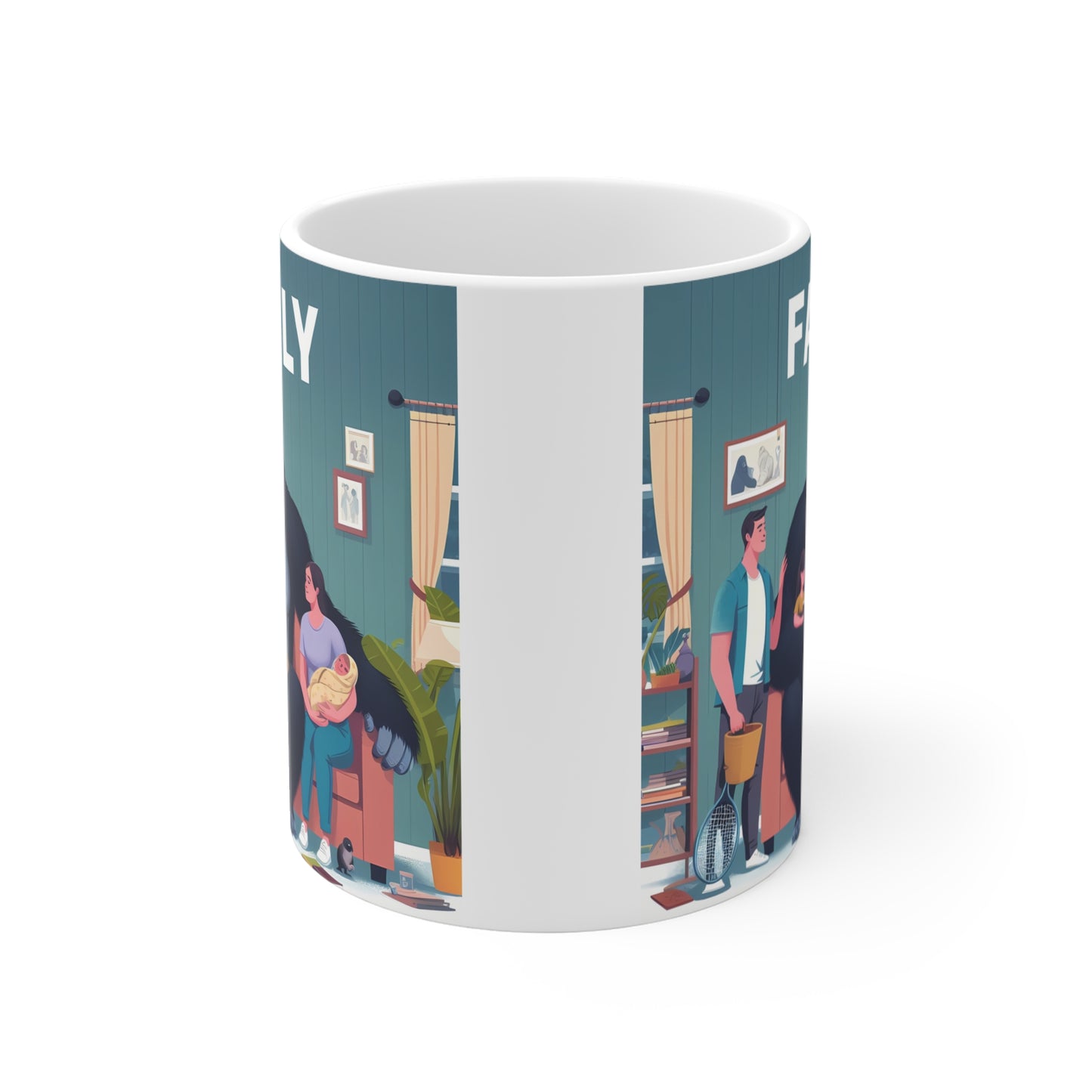 White coffee mug with "Family" text and an illustration of a gorilla and a human family relaxing together on a sofa.