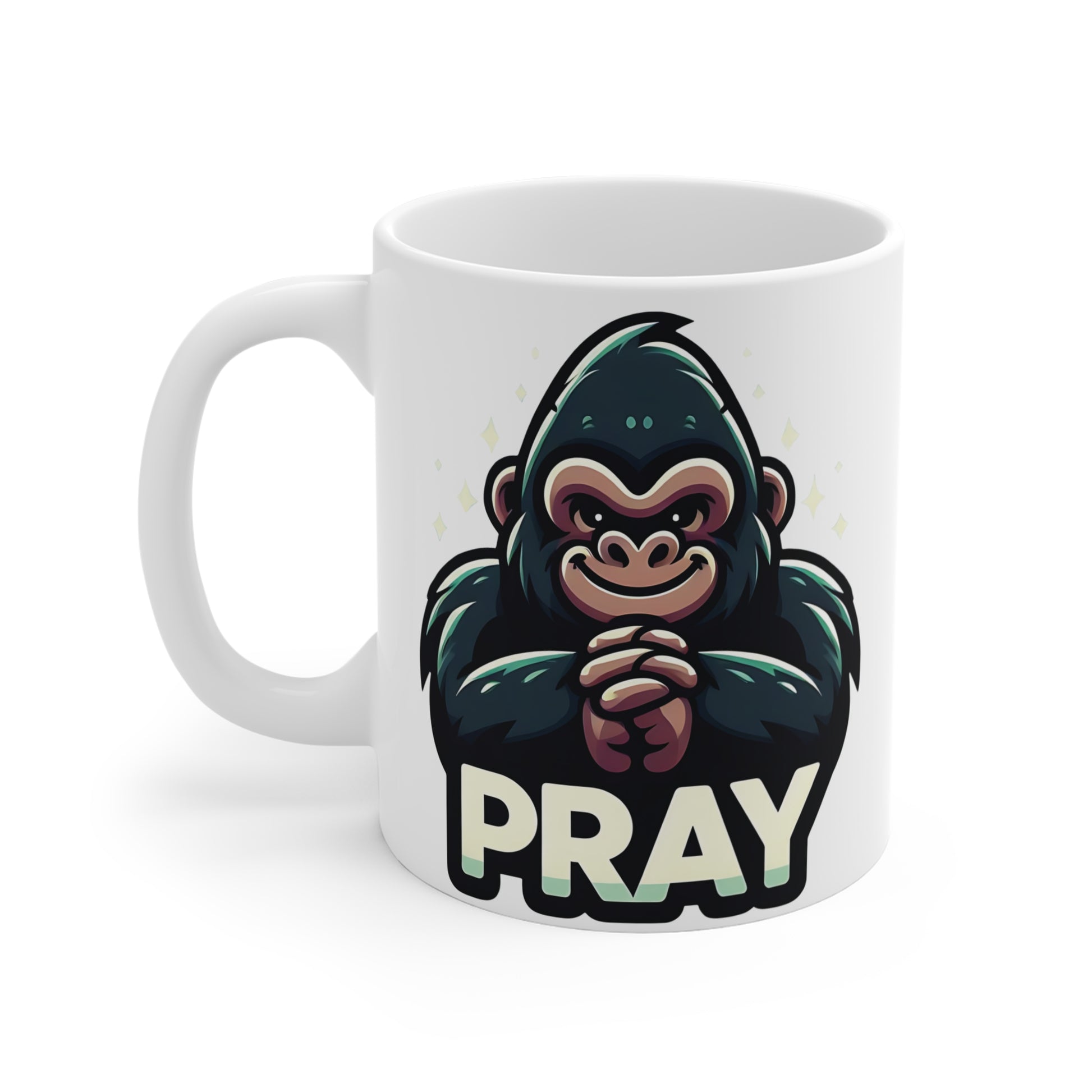Cartoon gorilla pray mug with adorable ape character and bold typography, unique motivational coffee cup gift for animal lovers