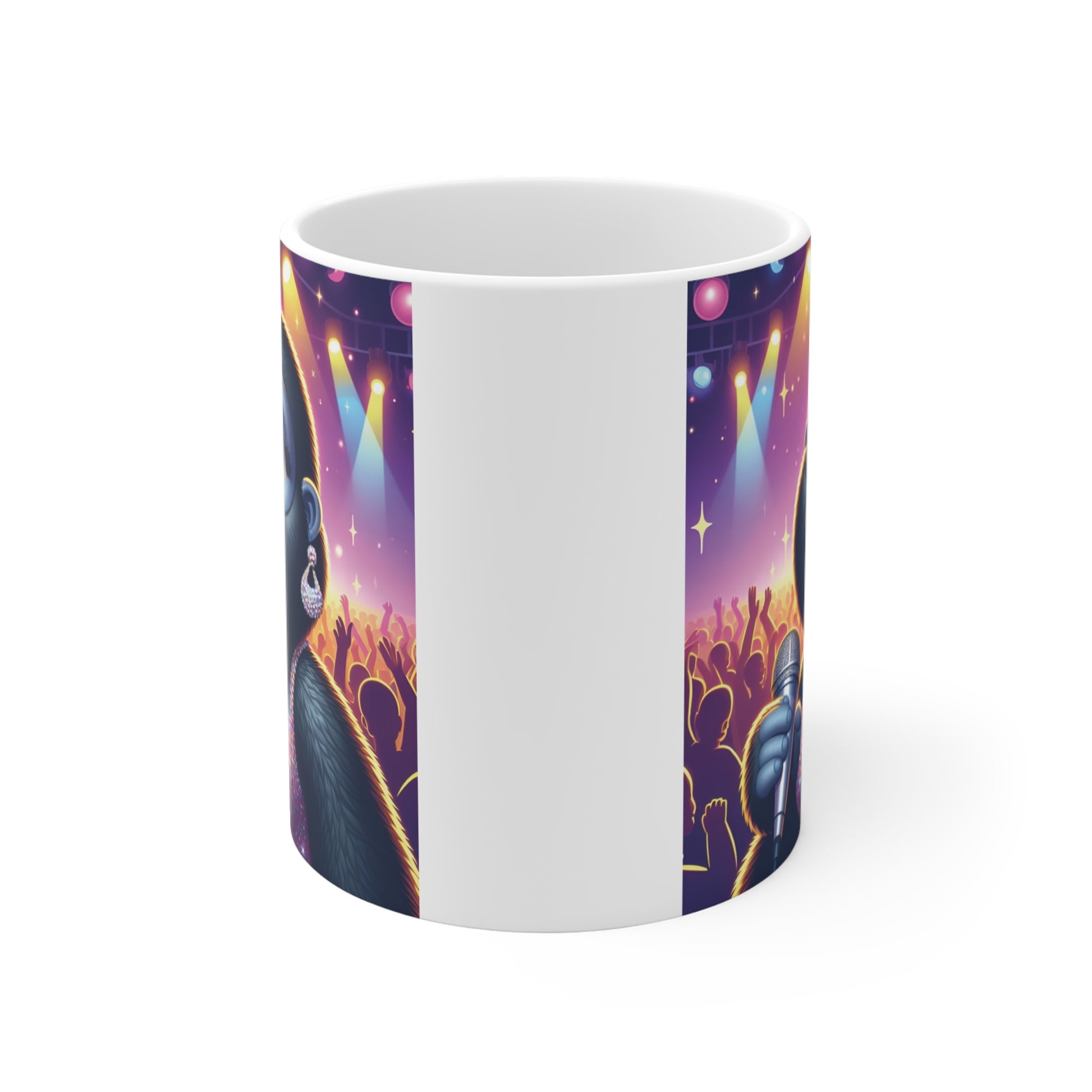 Cartoon gorilla singer ceramic mug featuring concert crowd, sparkling outfit, and colorful pop star aesthetic artwork
