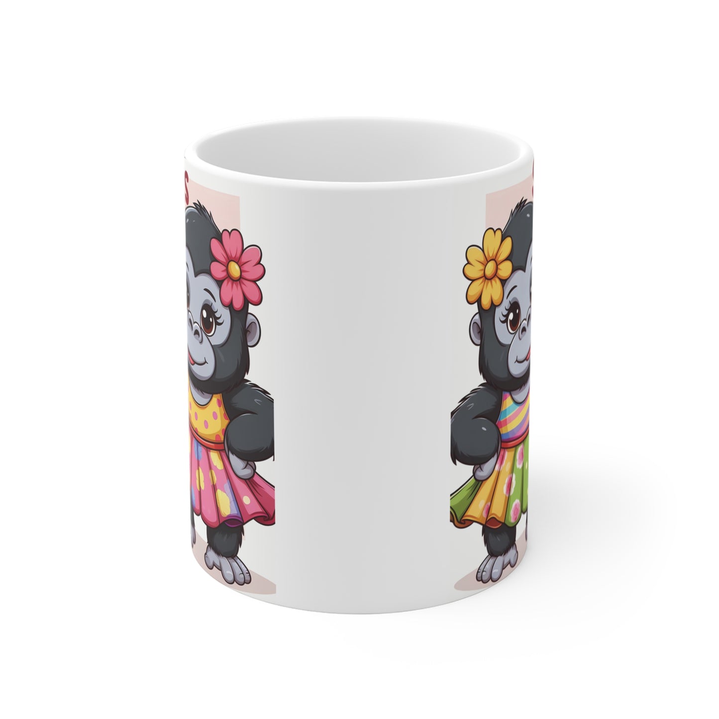 Cartoon gorilla sisters illustration on ceramic mug with flowers and matching outfits, cute family-themed coffee cup for girls and siblings