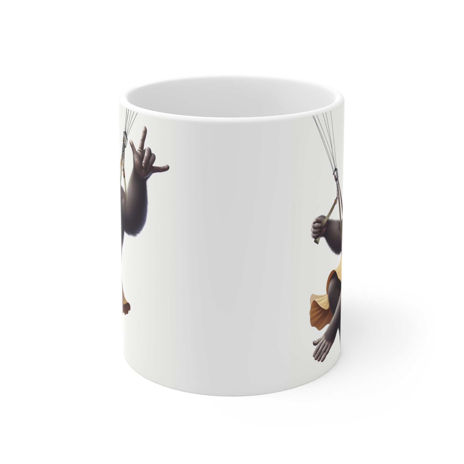 Cartoon gorilla skydiving coffee mug with playful ape character illustration, unique ceramic mug gift for animal lovers