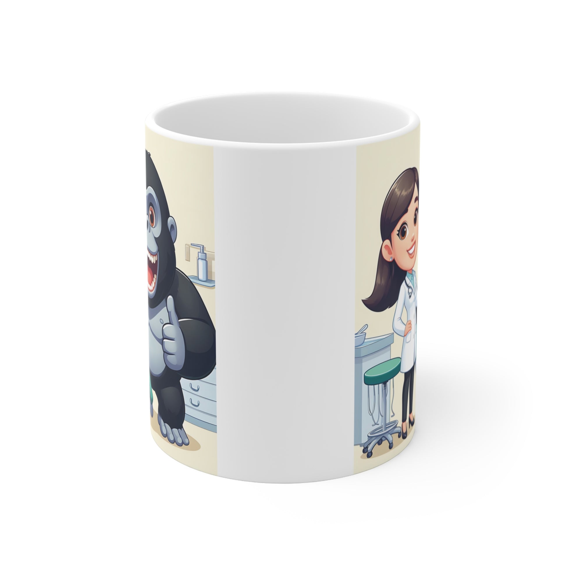 Funny dental-themed coffee mug with a cartoon gorilla and female dentist standing next to a dental chair.
