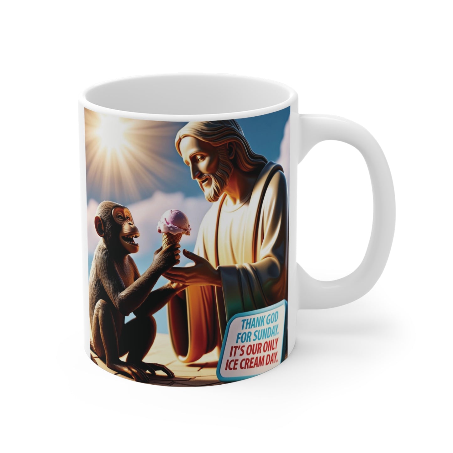 Unique Christian gag gift mug with Jesus illustration and funny ice cream message, creative Sunday theme design